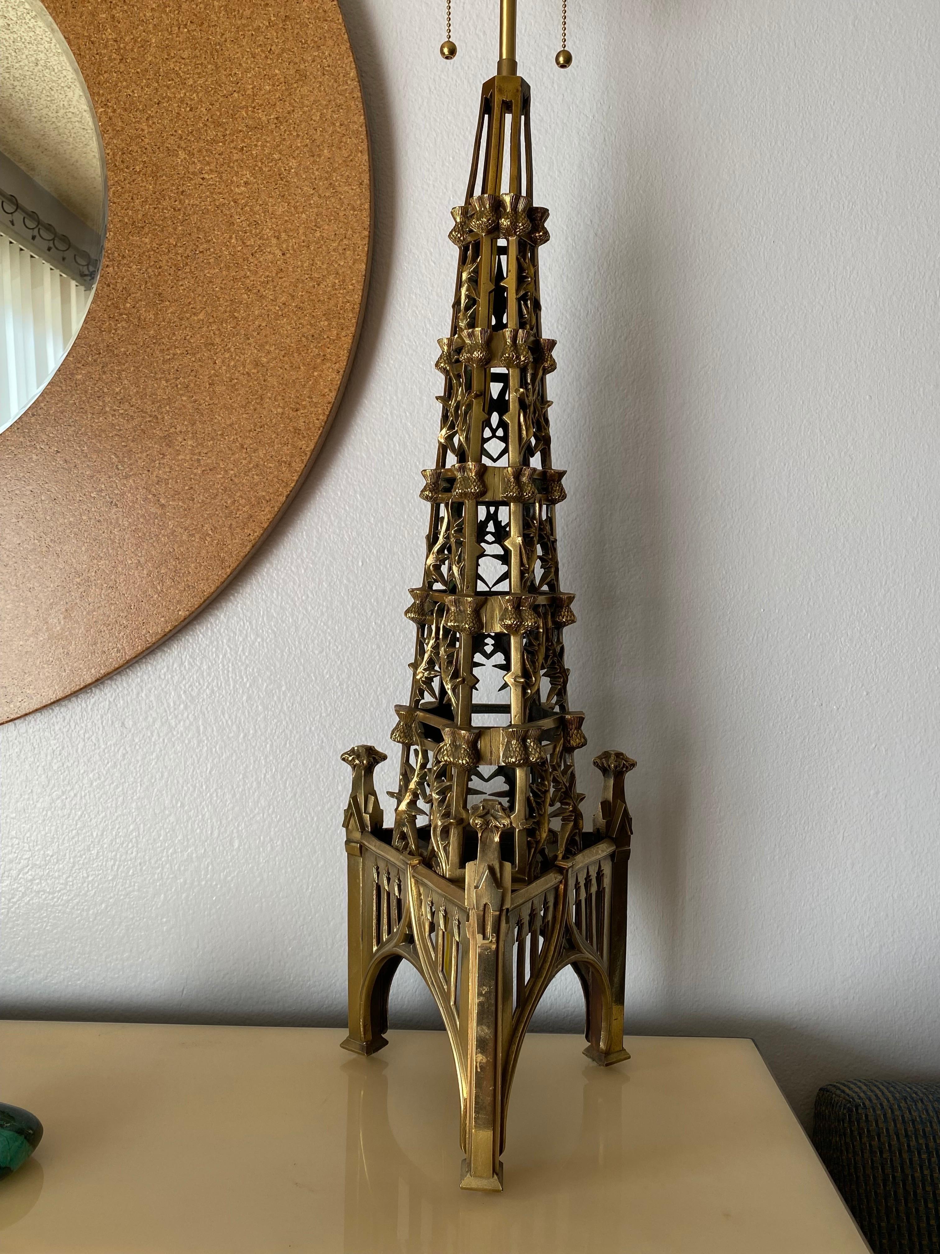 Neo Gothic bronze architectural fragment mounted as lamp.