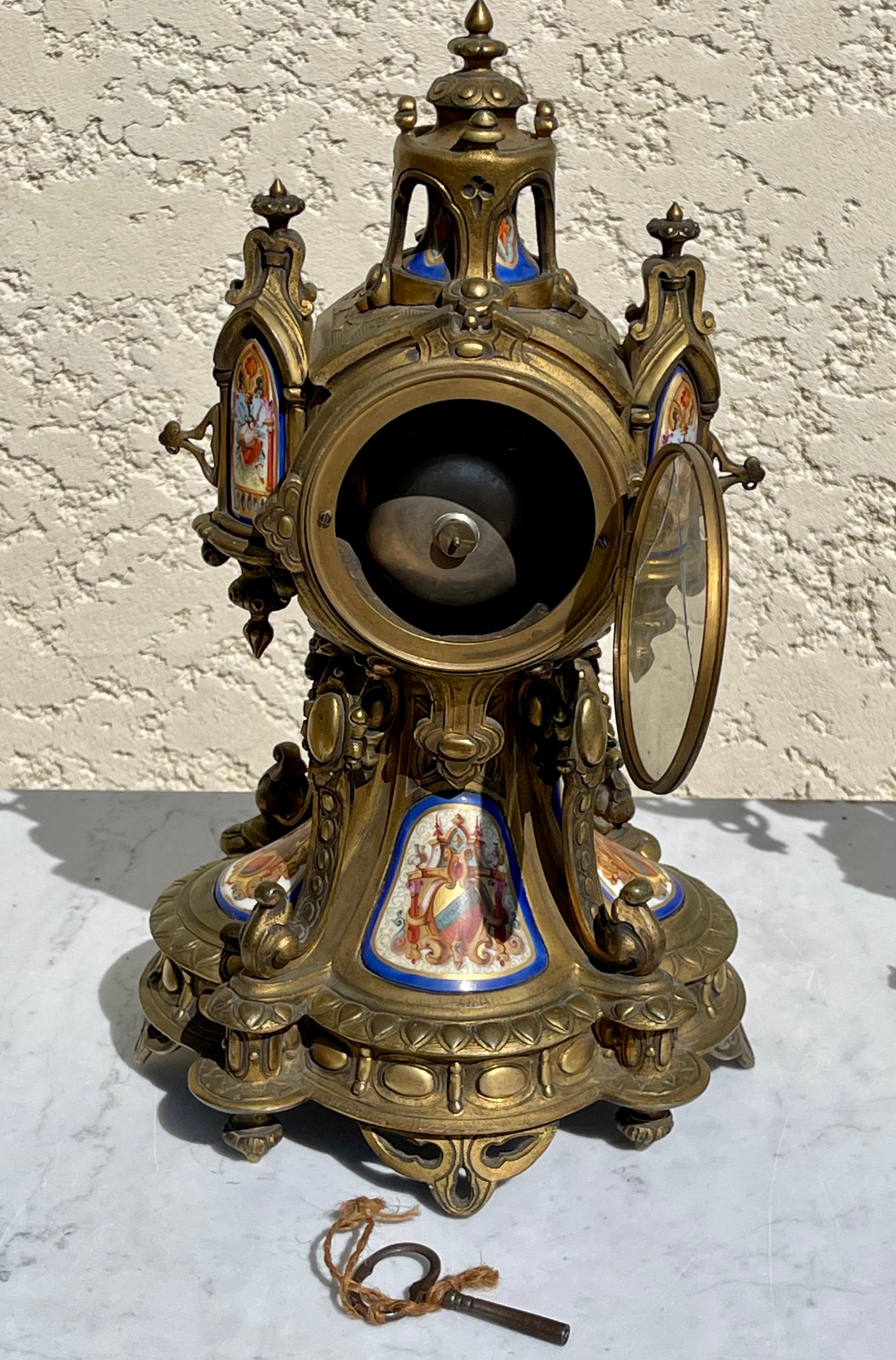 Neo-gothic Bronze & Porcelain Mantel Clock, 19th Century 5