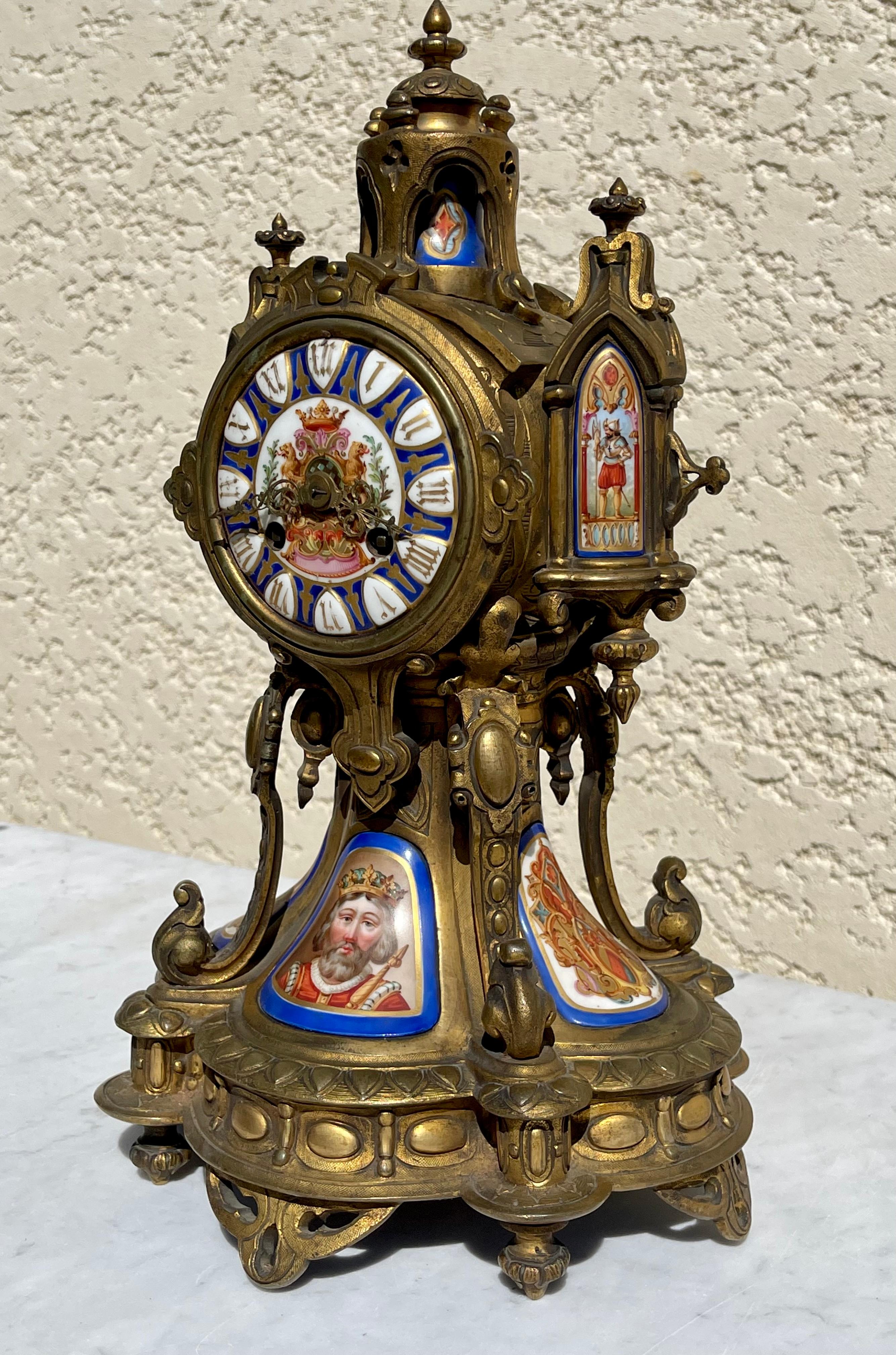 Neo-gothic Bronze & Porcelain Mantel Clock, 19th Century 15