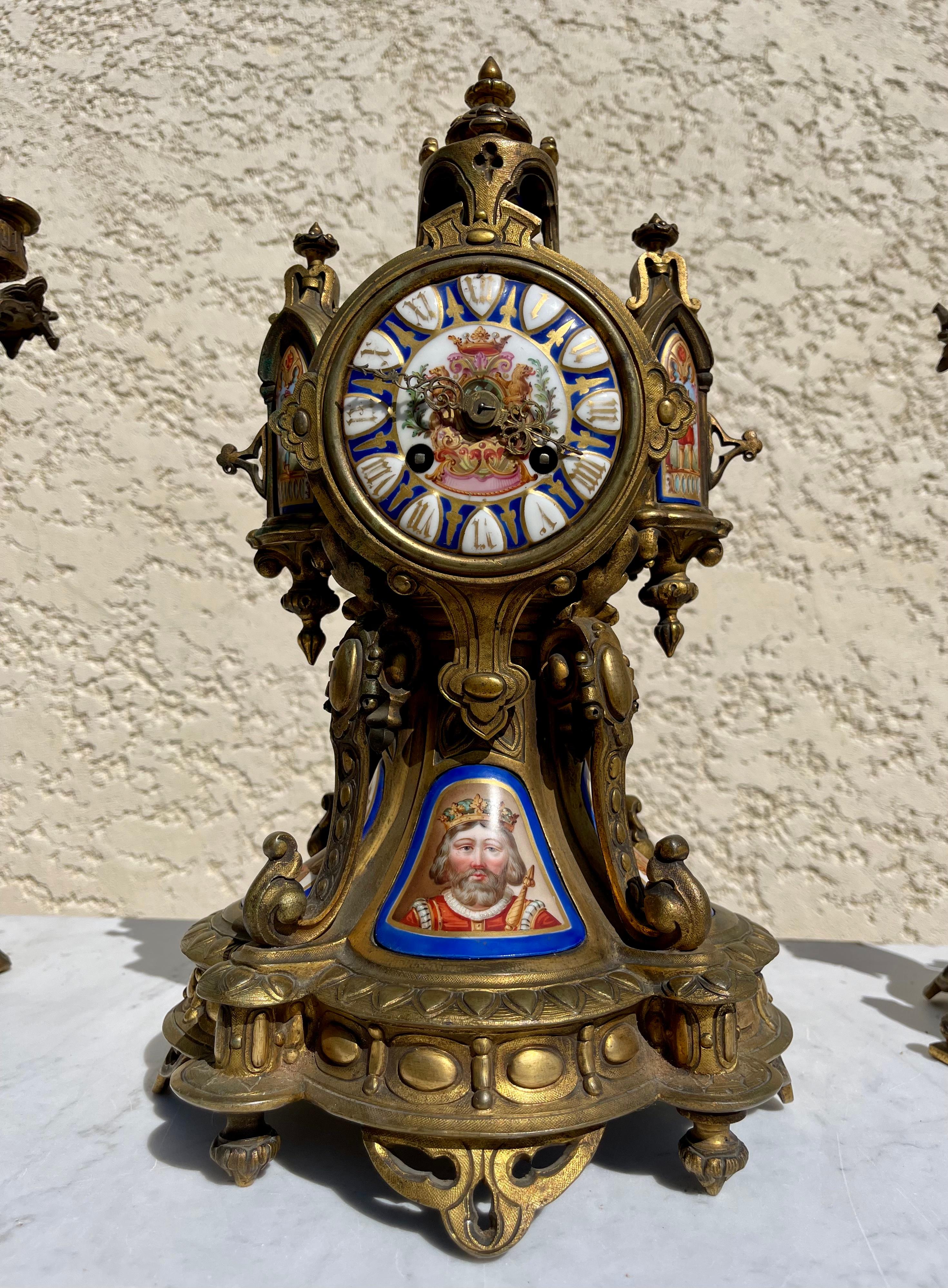 Gothic Revival Neo-gothic Bronze & Porcelain Mantel Clock, 19th Century