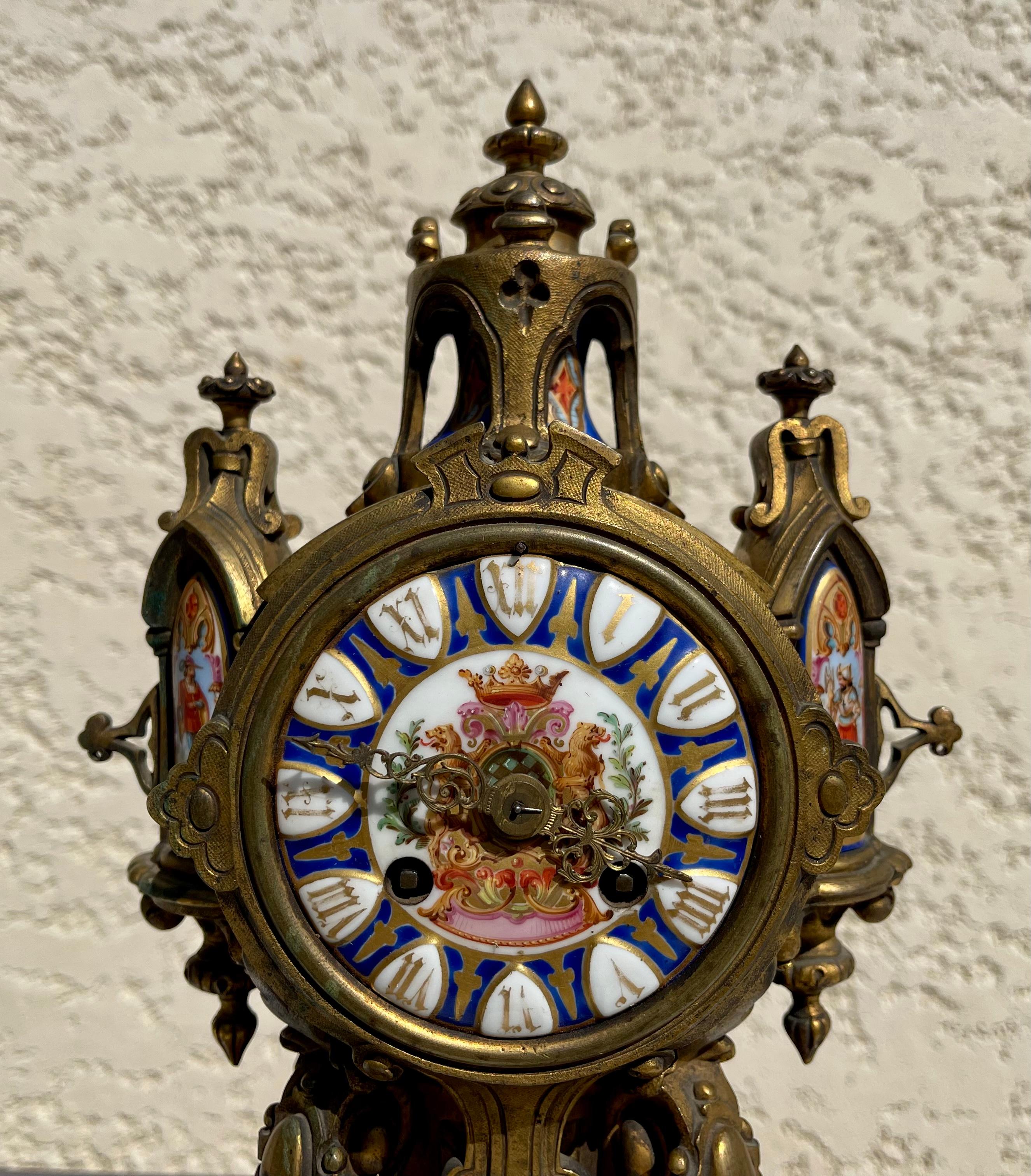 French Neo-gothic Bronze & Porcelain Mantel Clock, 19th Century