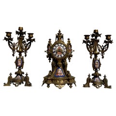 Neo-gothic Bronze & Porcelain Mantel Clock, 19th Century