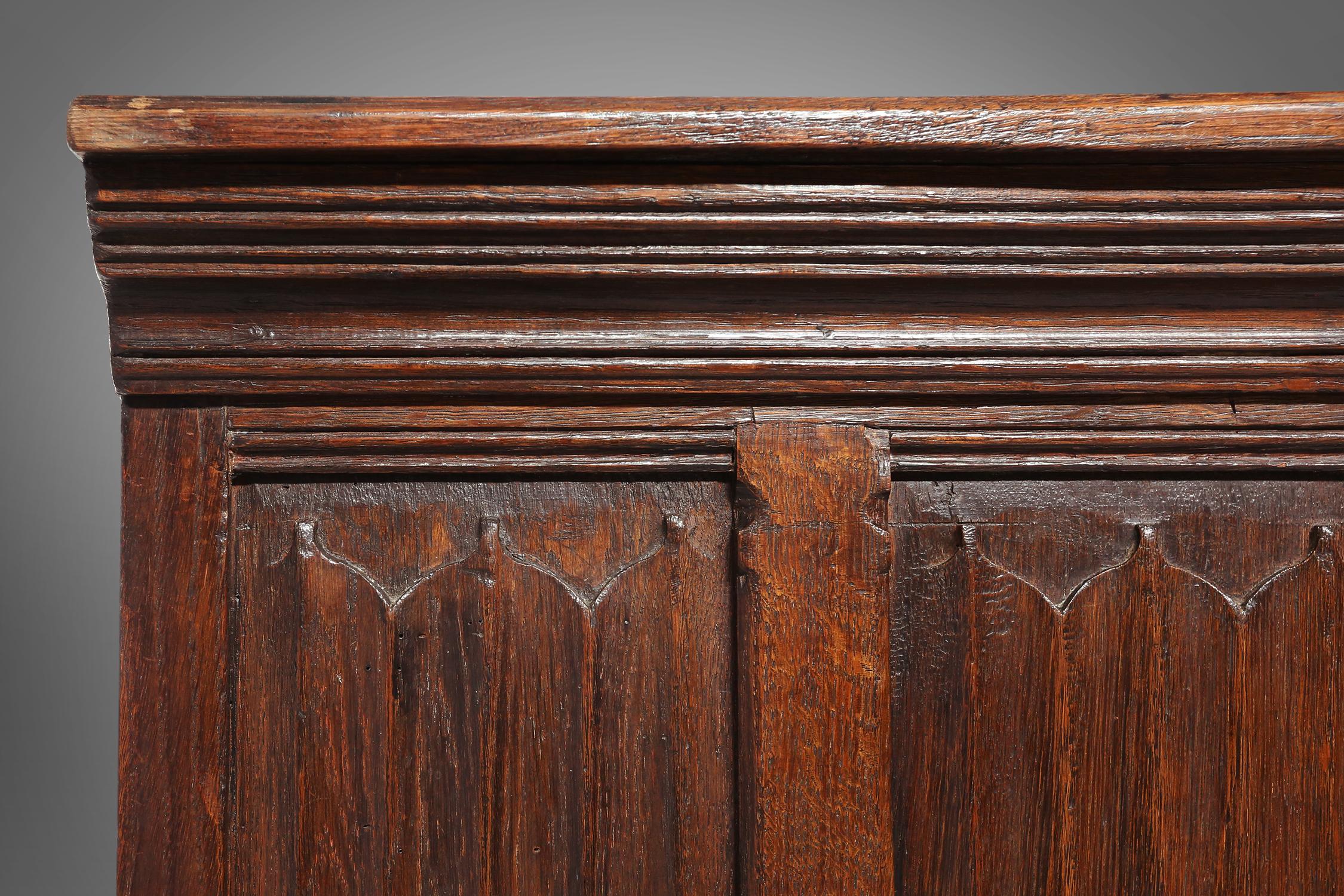 Neo-gothic cabinet in oak with rich decorations and hidden storage, France, 1850 For Sale 8