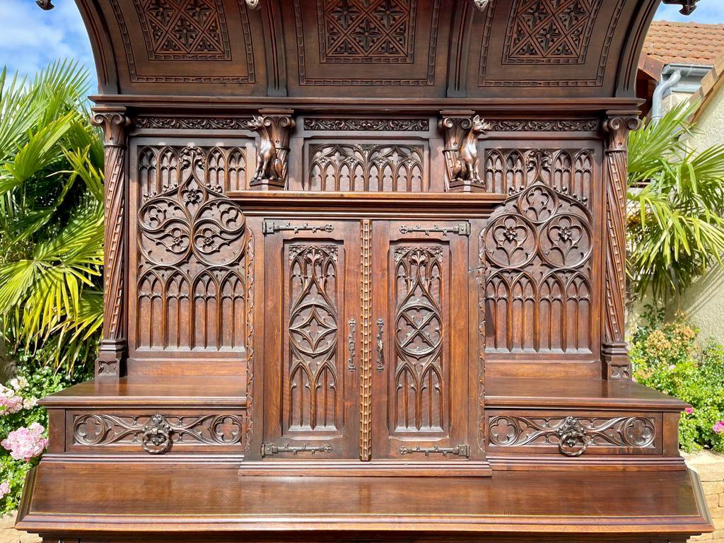 French Neo-Gothic Carved Walnut Buffet, 19th Century