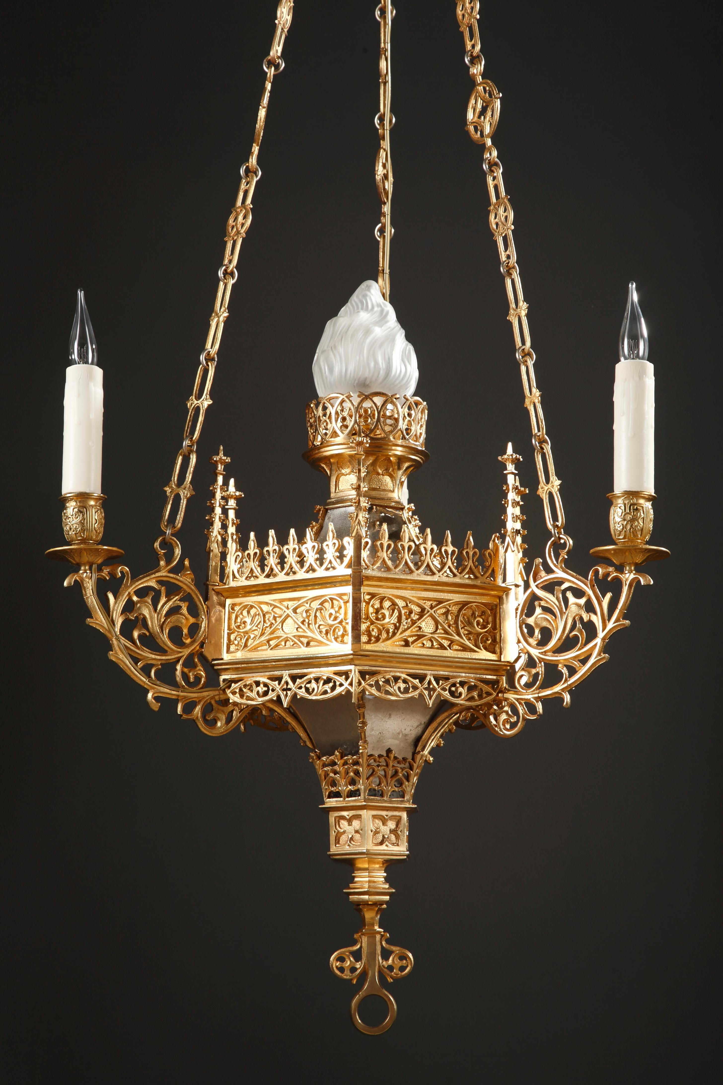 French Neo-Gothic Chandelier Attributed to F. Barbedienne, France, Late 19th Century
