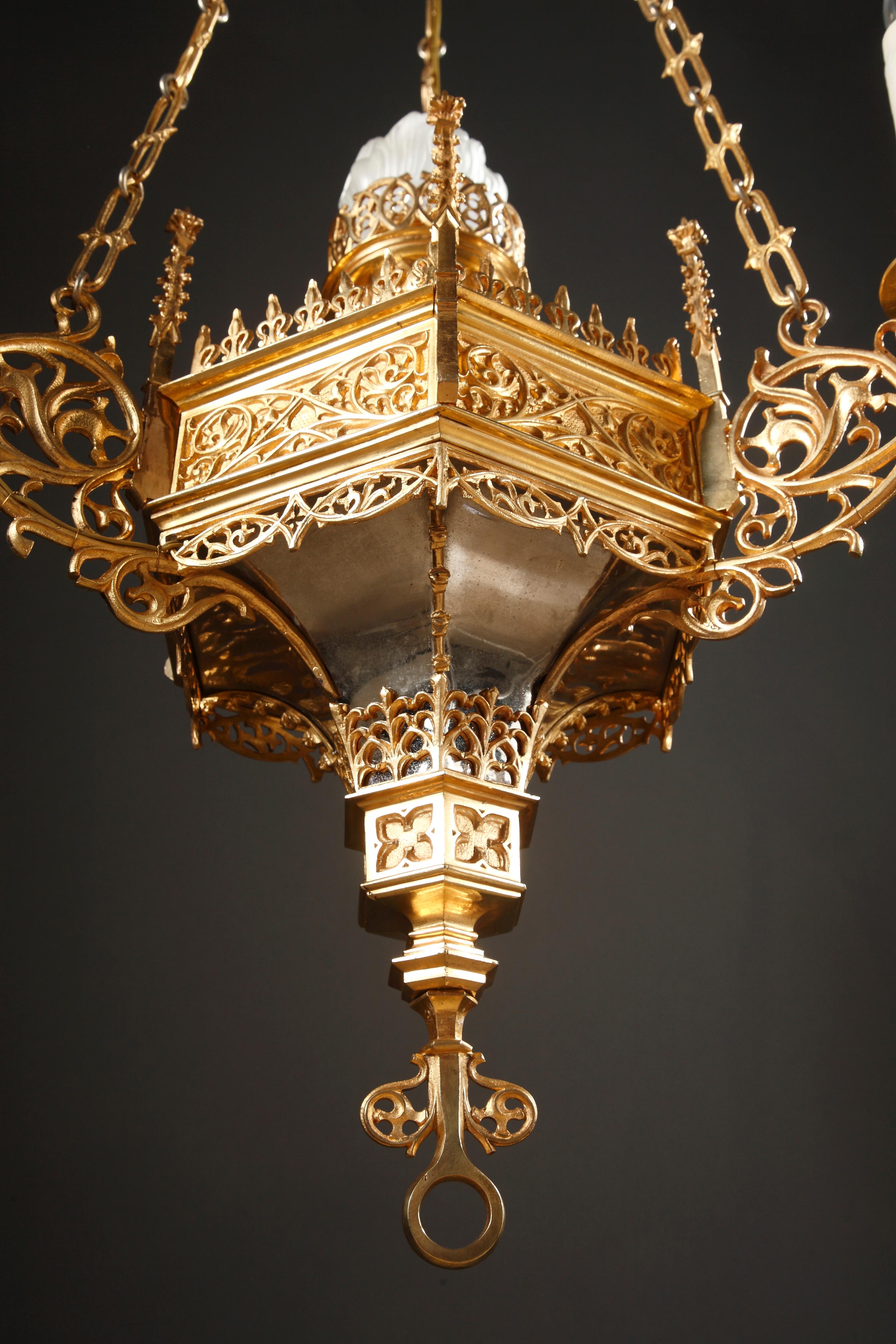 Gilt Neo-Gothic Chandelier Attributed to F. Barbedienne, France, Late 19th Century