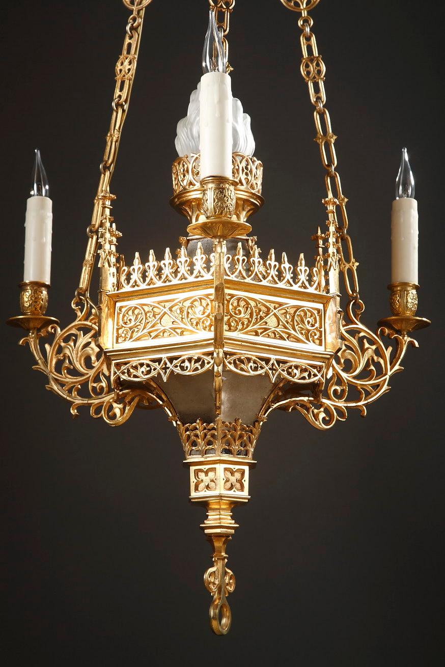 Metal Neo-Gothic Chandelier Attributed to F. Barbedienne, France, Late 19th Century