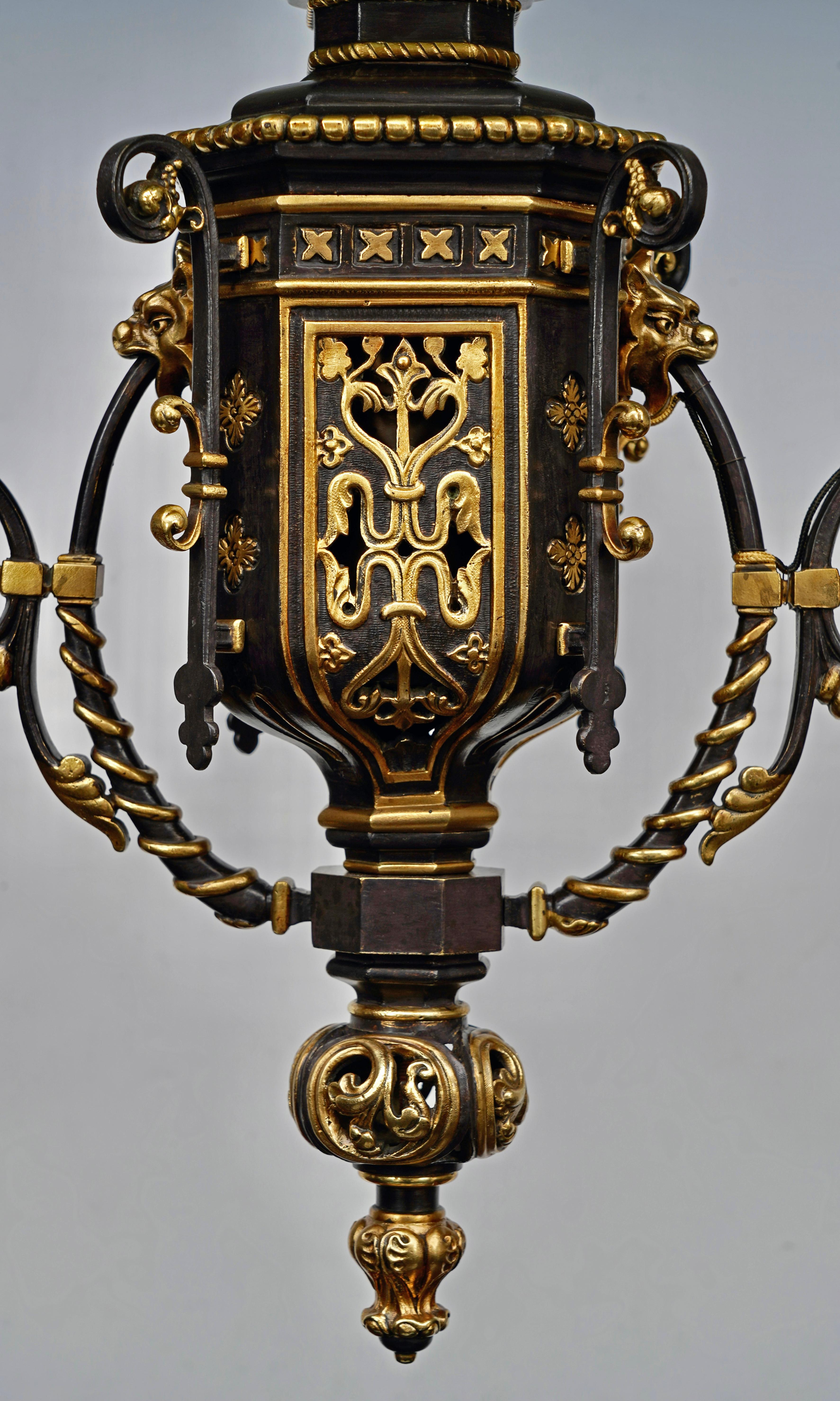 Bronze Neo-Gothic Chandelier with Lions, France, circa 1860 For Sale