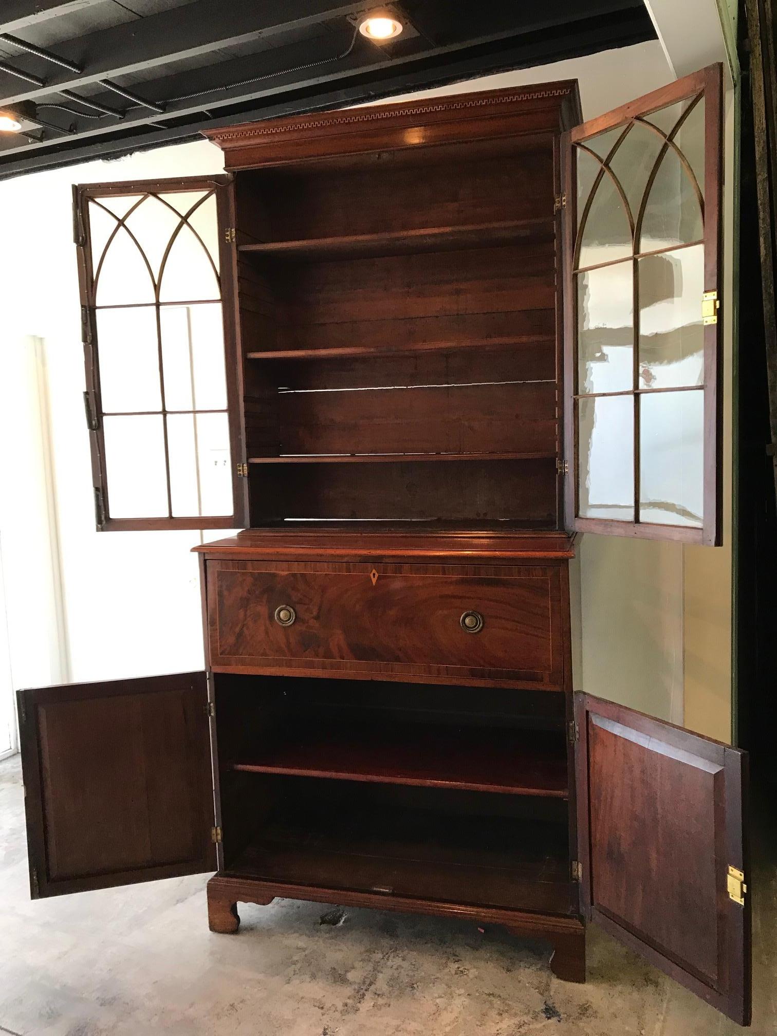 Brass Neo-Gothic Early 19th Century Classical English Regency Bookcase Secretary Desk For Sale