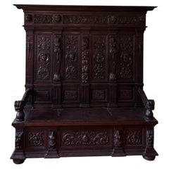 Neo Gothic High Back Oak Bench, Antique Storage Seat, 1880s