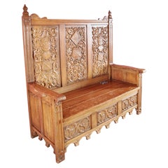 Neo-Gothic oak bench with storage space