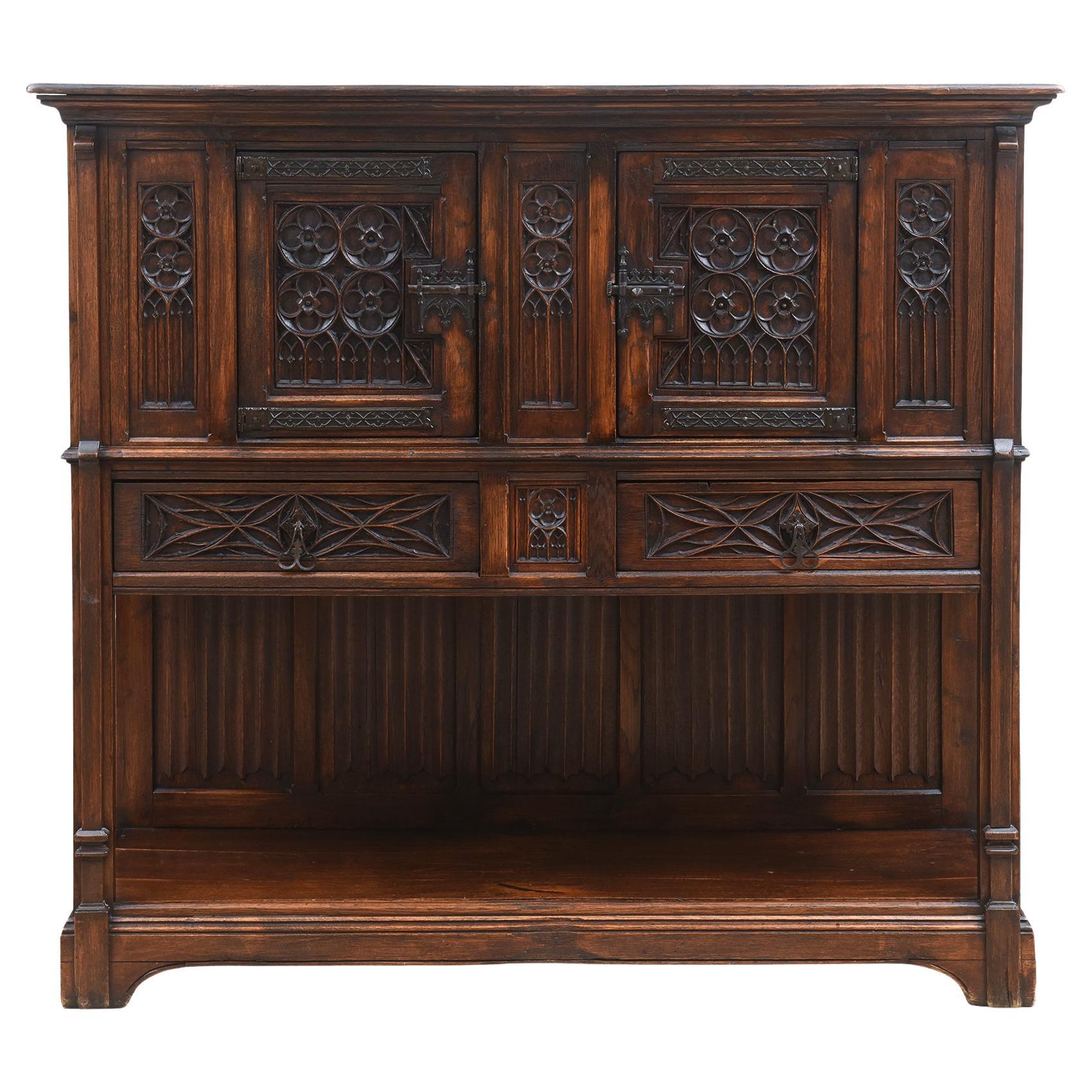 Neo-Gothic Oak Cabinet with Rich Carvings and Hidden Storage, France, Circa 1850