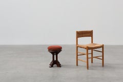 Neo Gothic oak stool with red velvet upholstery, France 1850