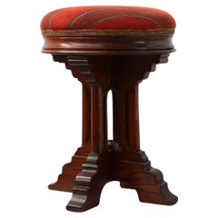Antique Neo Gothic oak stool with red velvet upholstery, France 1850