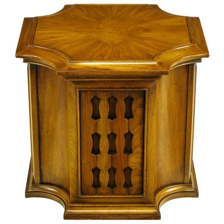 Neo-Gothic Reverse Quatrefoil Figured Walnut End Table W/Cabinet