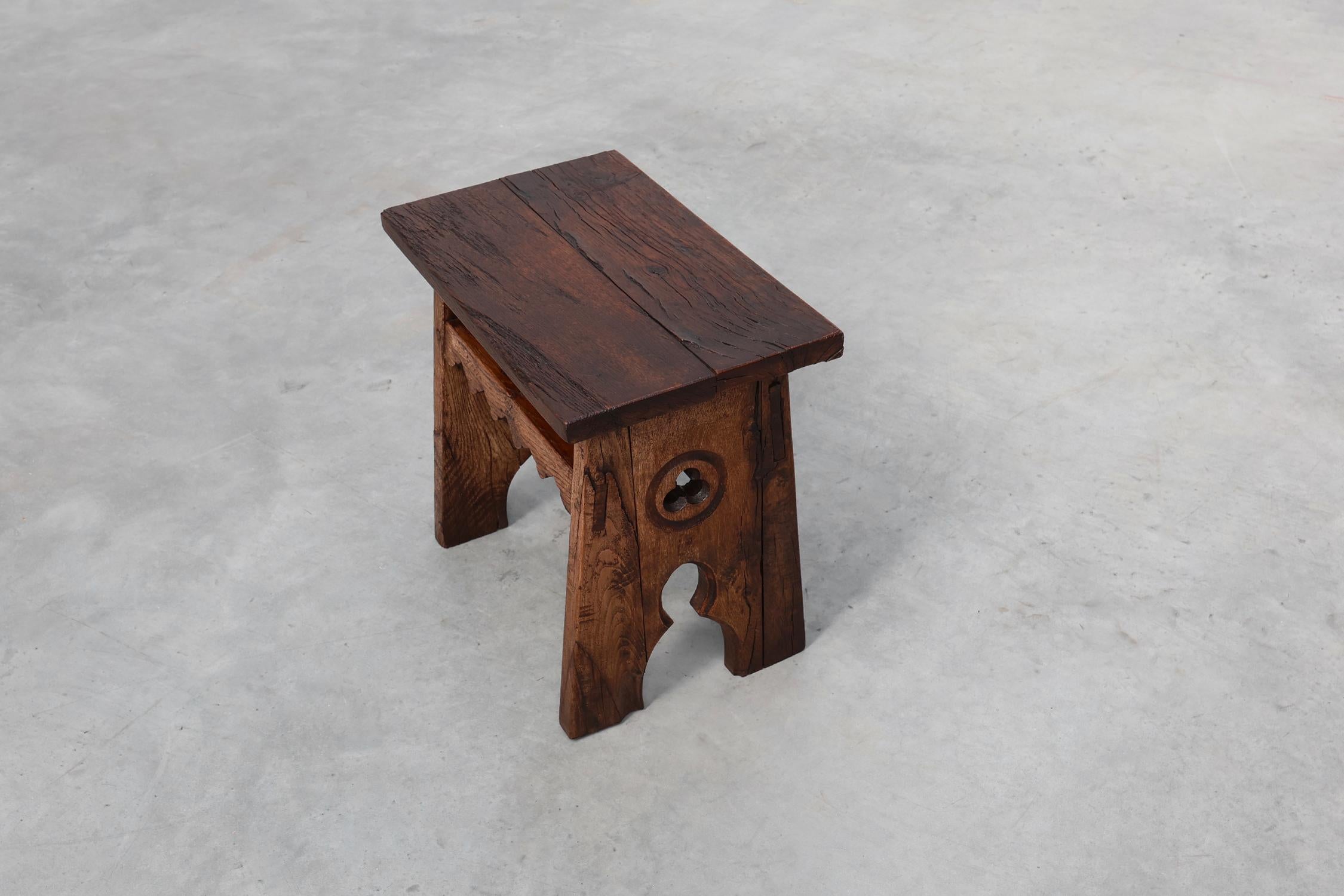19th Century Neo Gothic solid oak rectangular carved stool, France ca. 1900 For Sale