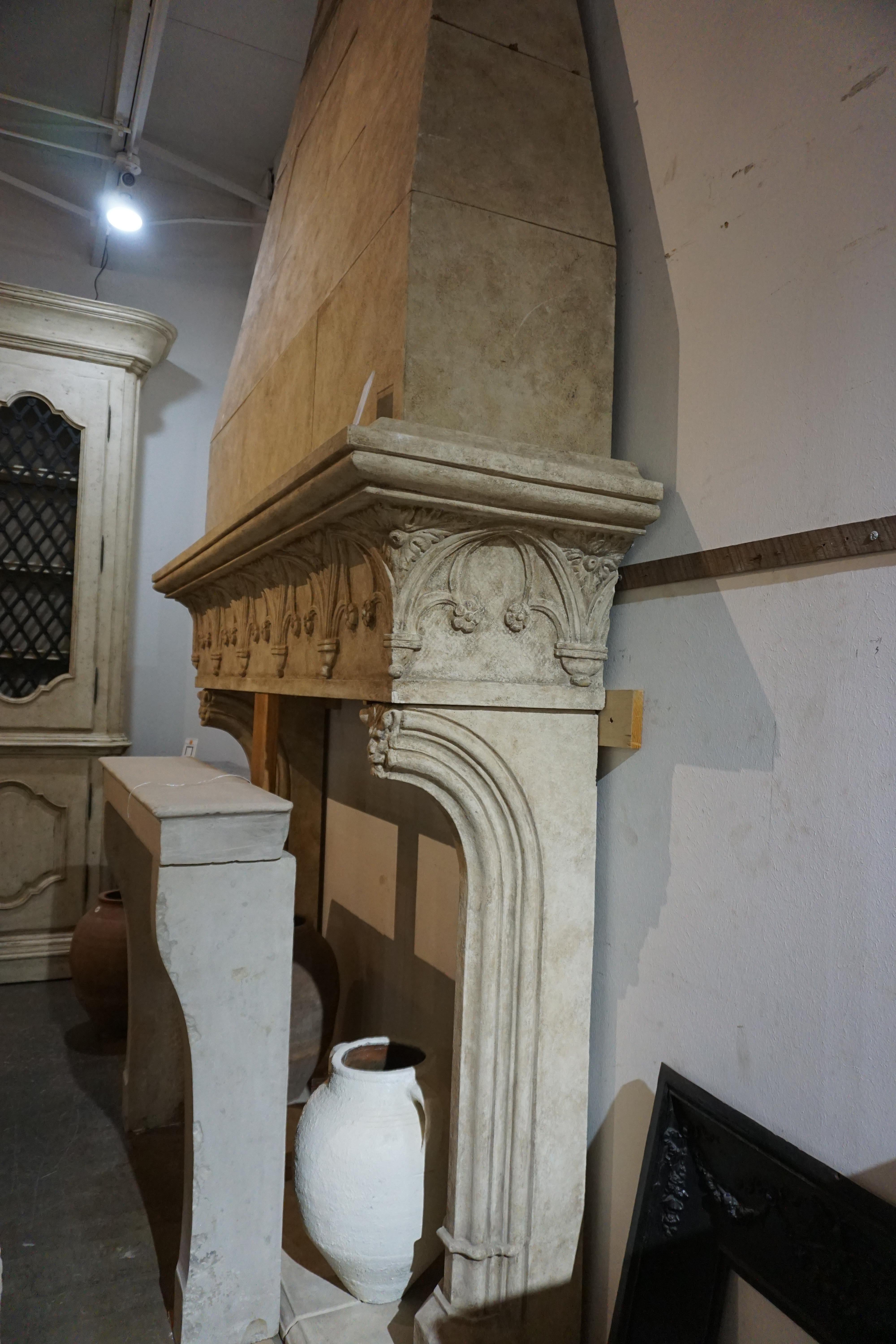 Pressed Neo-Gothic Style Composite Limestone Fireplace with Hood