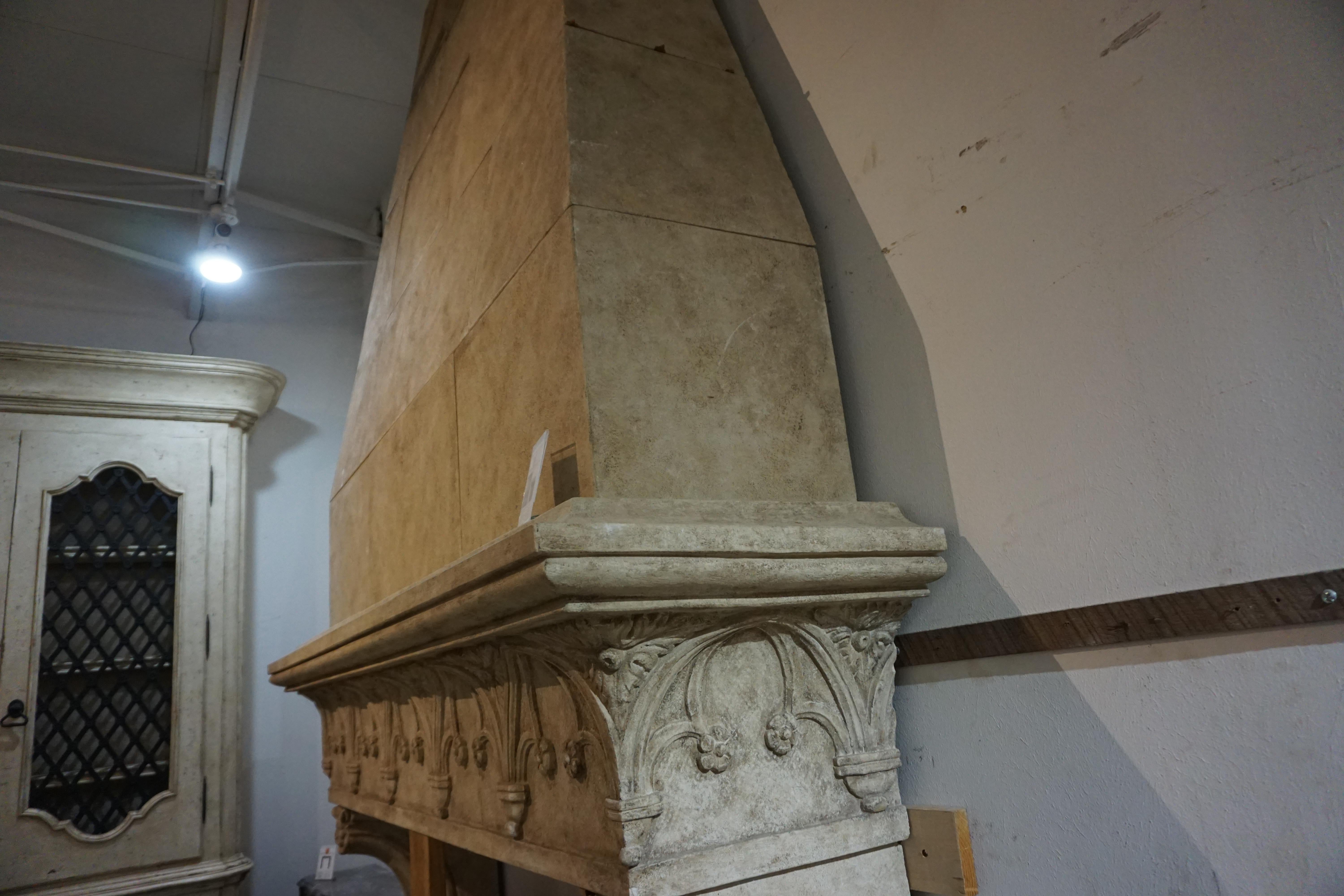 Neo-Gothic Style Composite Limestone Fireplace with Hood In Excellent Condition In Dallas, TX