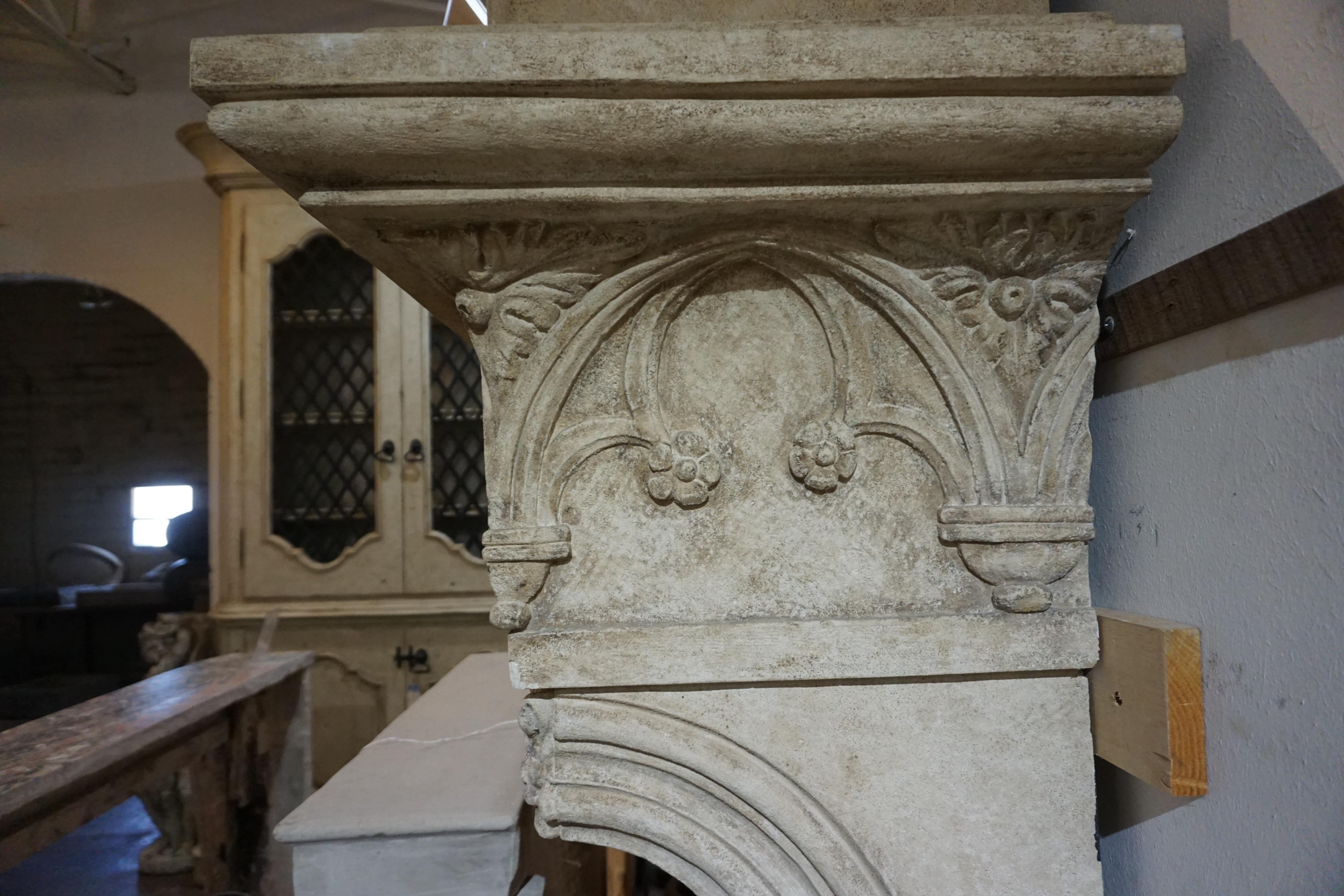 20th Century Neo-Gothic Style Composite Limestone Fireplace with Hood