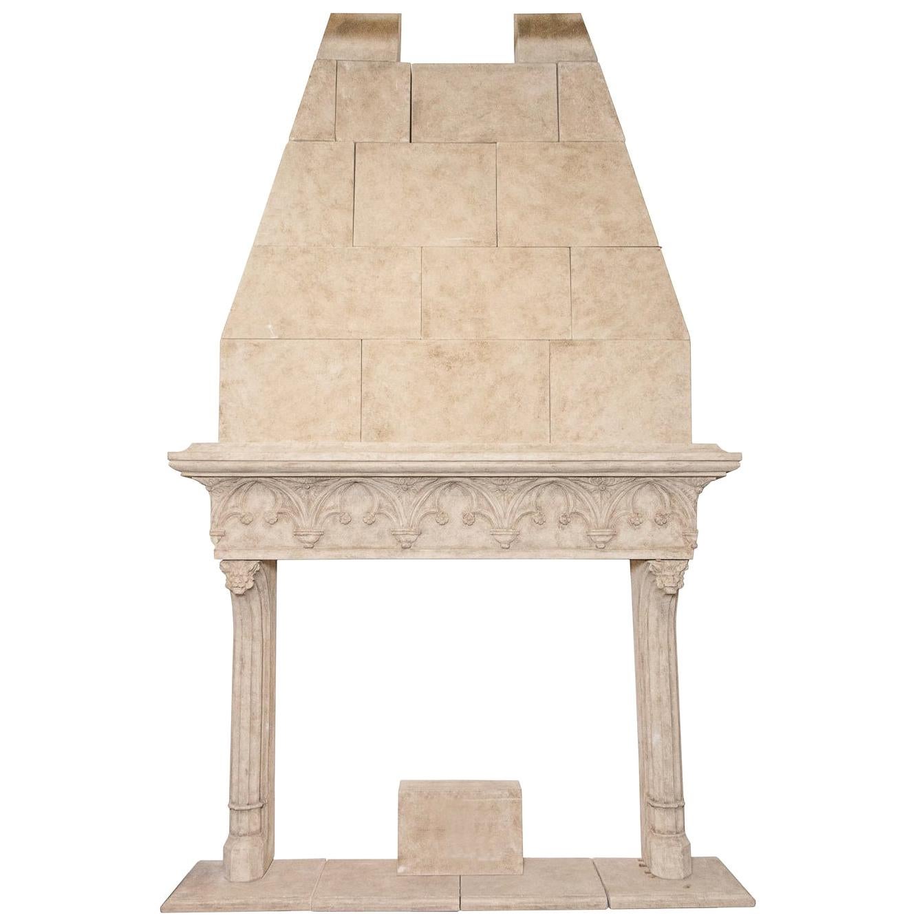 Neo-Gothic Style Composite Limestone Fireplace with Hood