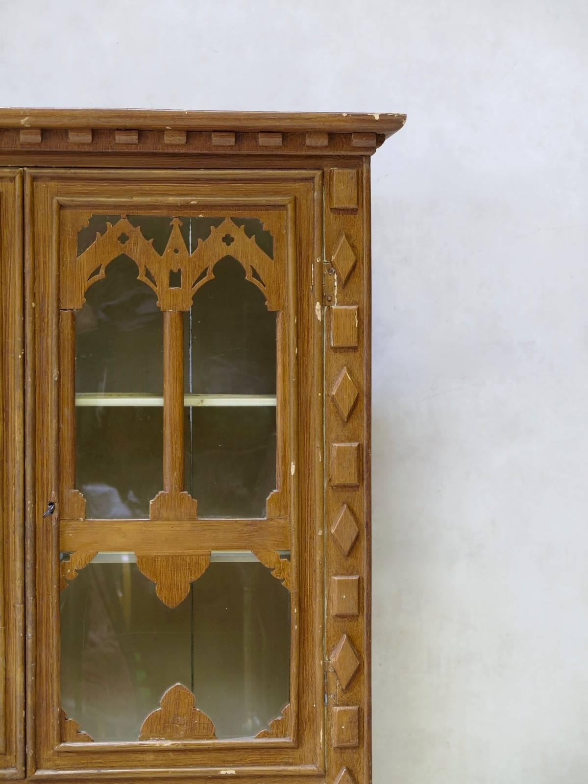 French Neo-Gothic Style Faux-Bois Painted Cabinet from the Jura, circa 1900s For Sale