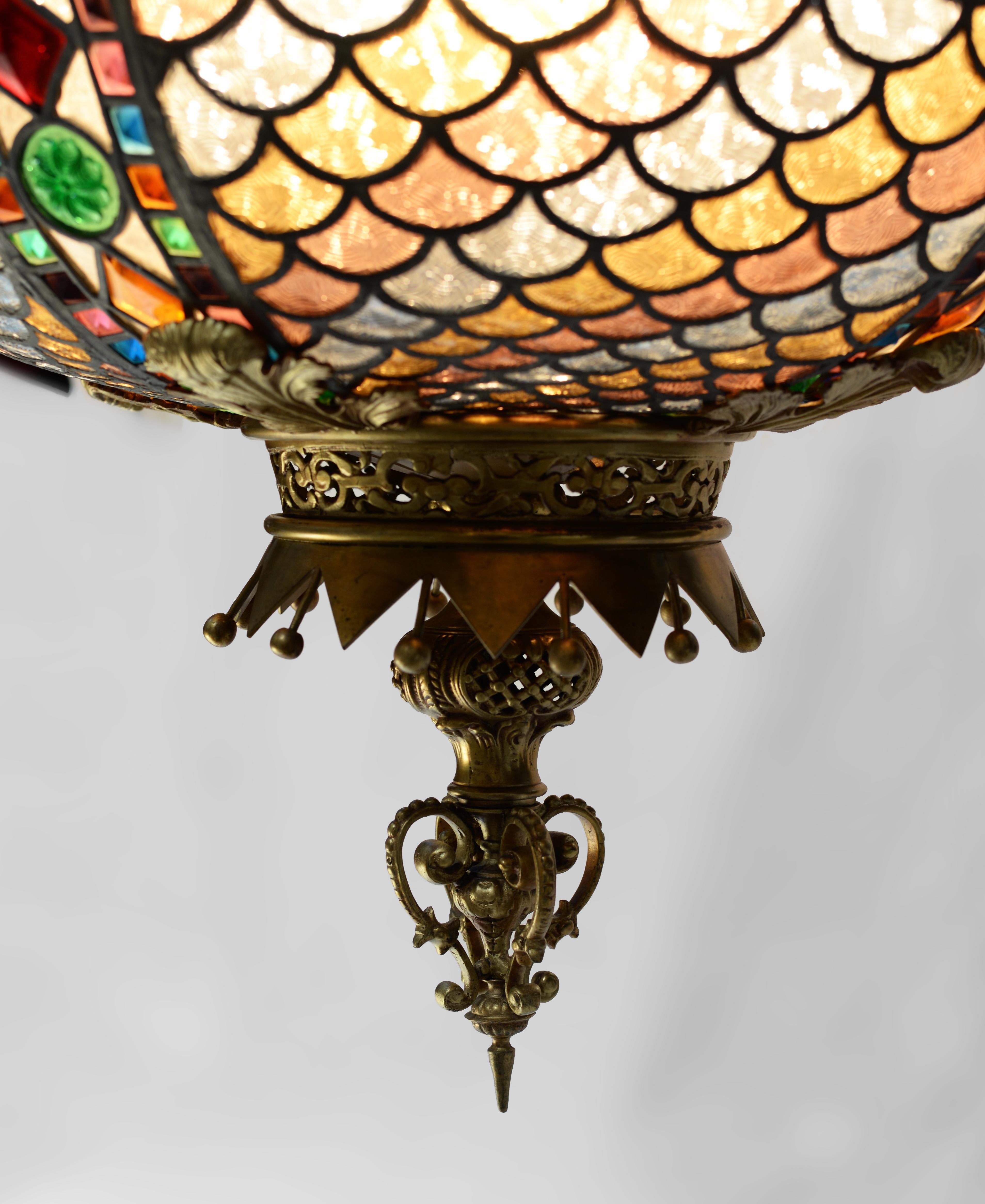 French Neo-Gothic Style Spherical Chandelier in Stained Glass, Late 19th Century For Sale