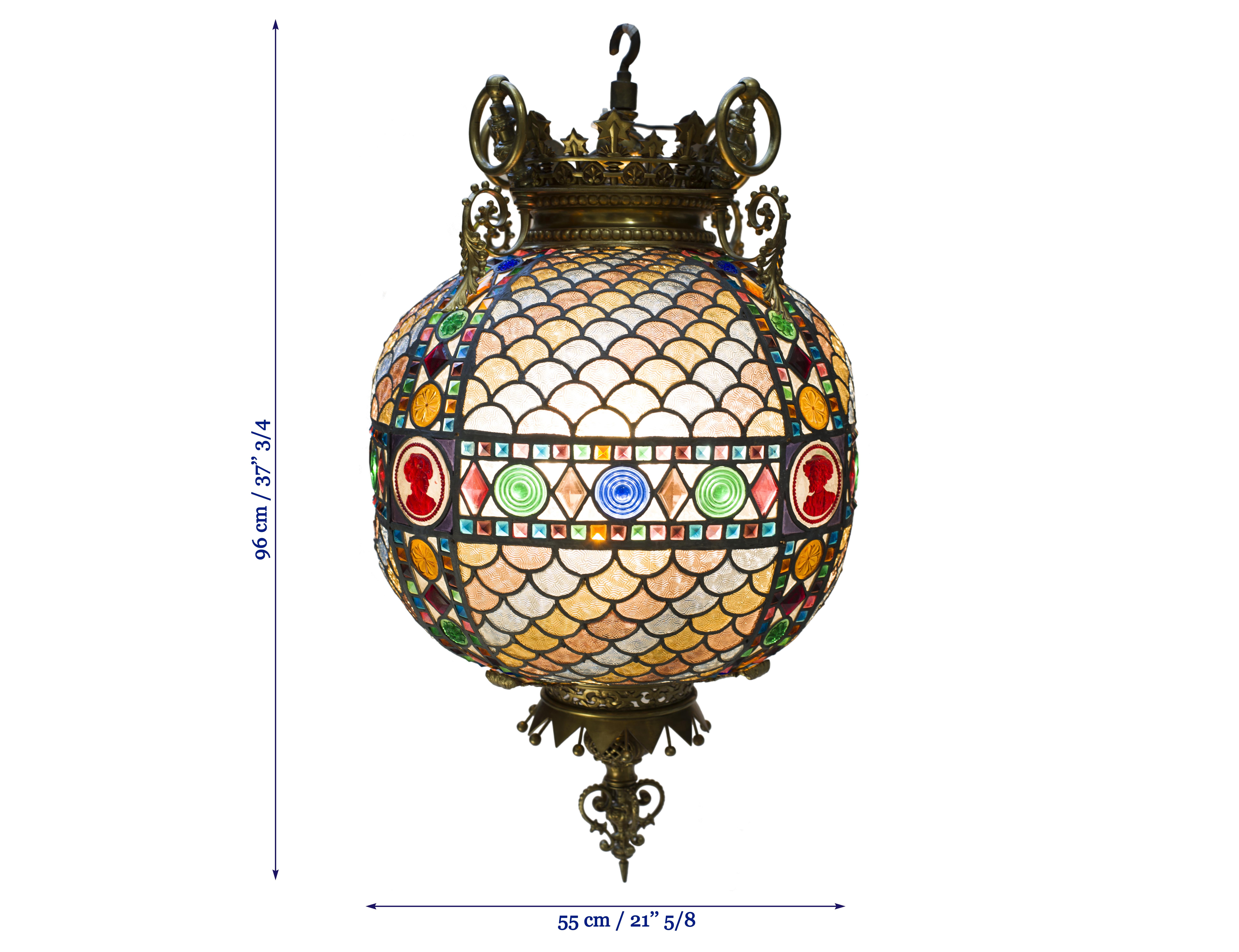 Bronze Neo-Gothic Style Spherical Chandelier in Stained Glass, Late 19th Century For Sale