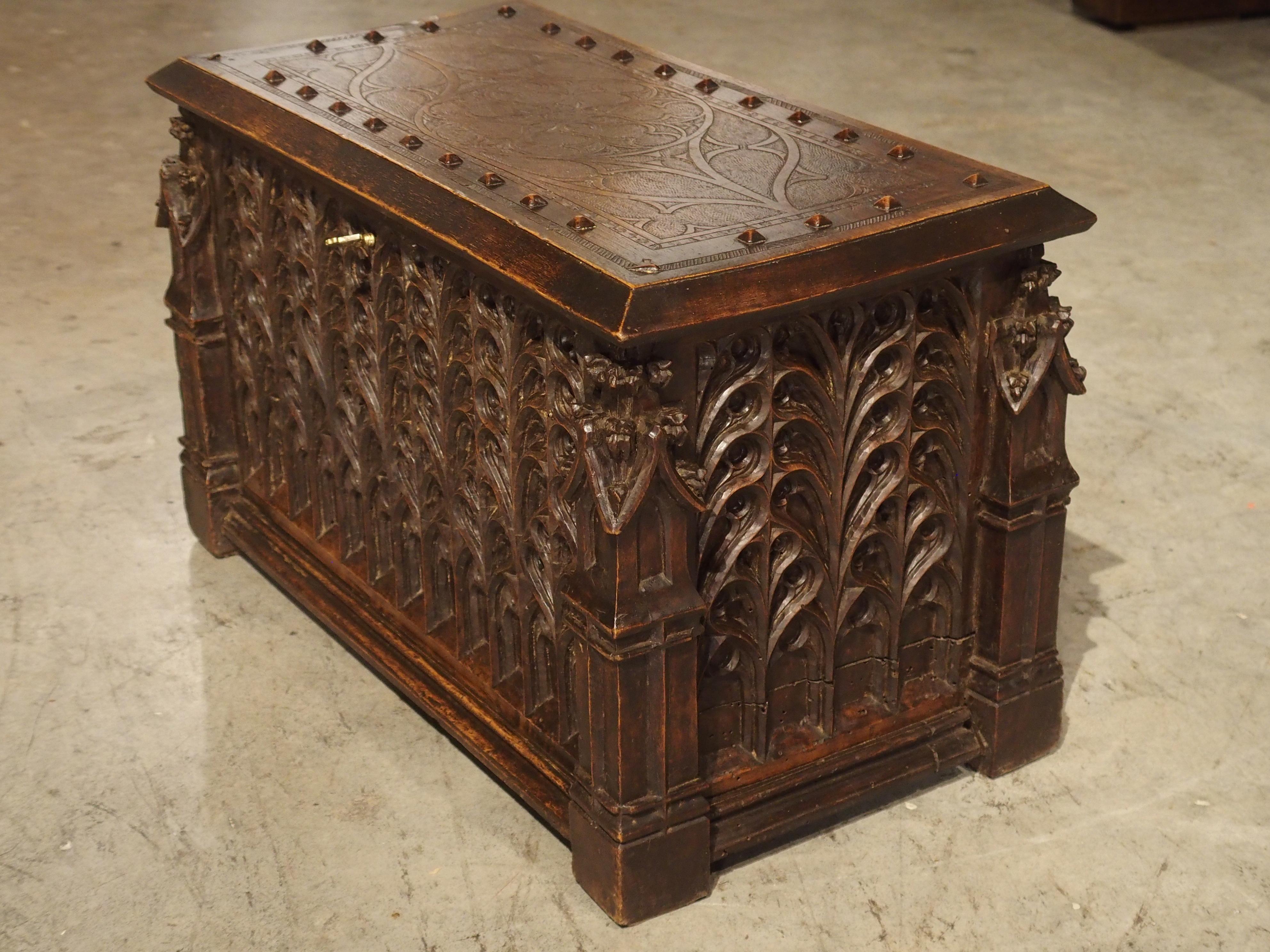 Neo-Gothic Walnut Wood Table Trunk from France, circa 1860 3