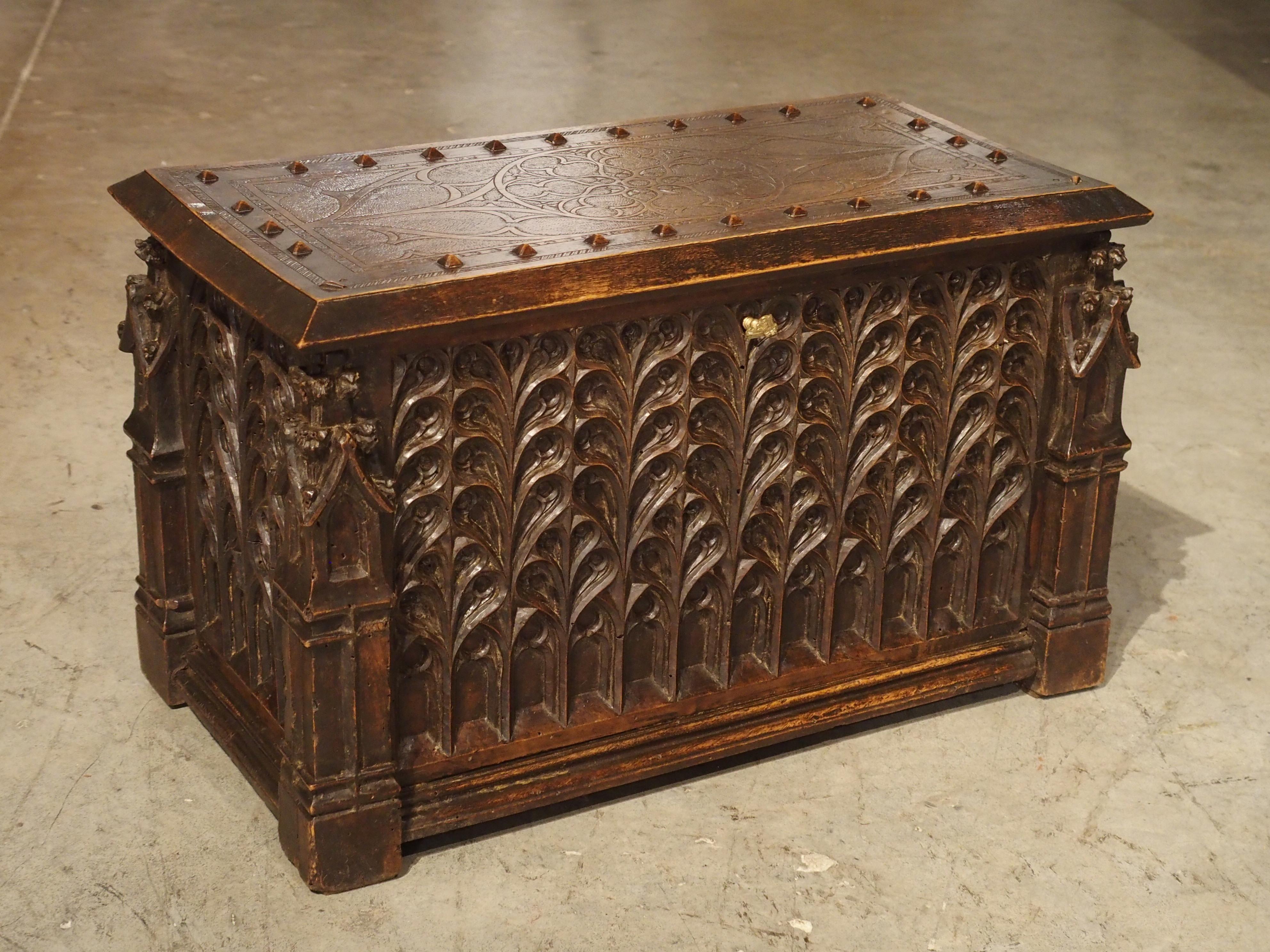 Neo-Gothic Walnut Wood Table Trunk from France, circa 1860 11