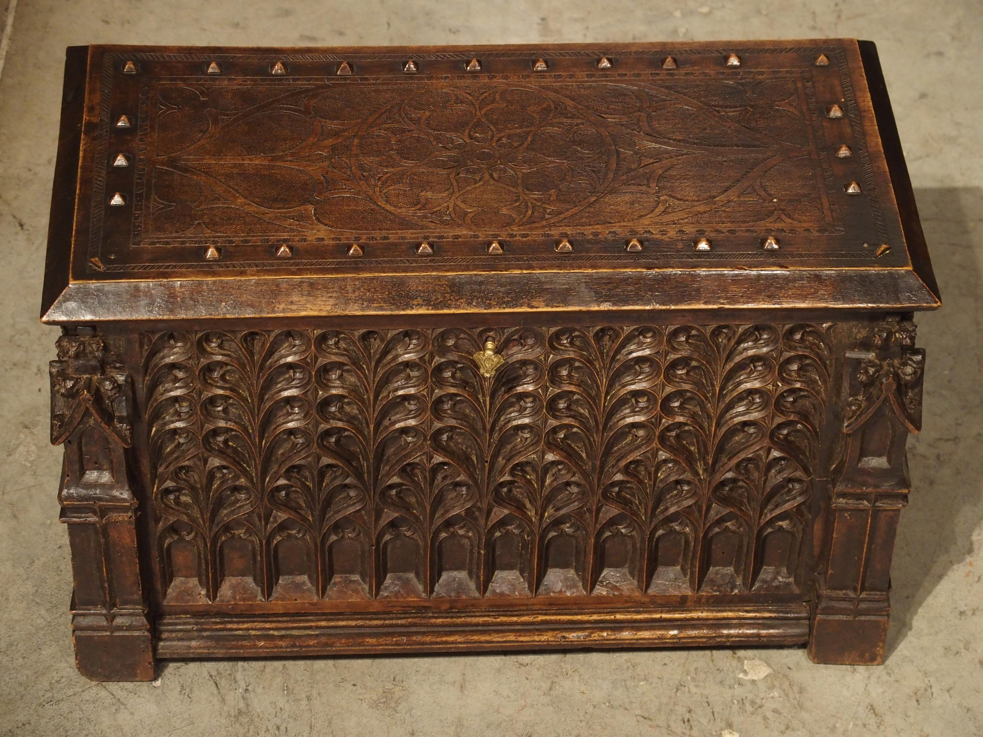 French Neo-Gothic Walnut Wood Table Trunk from France, circa 1860