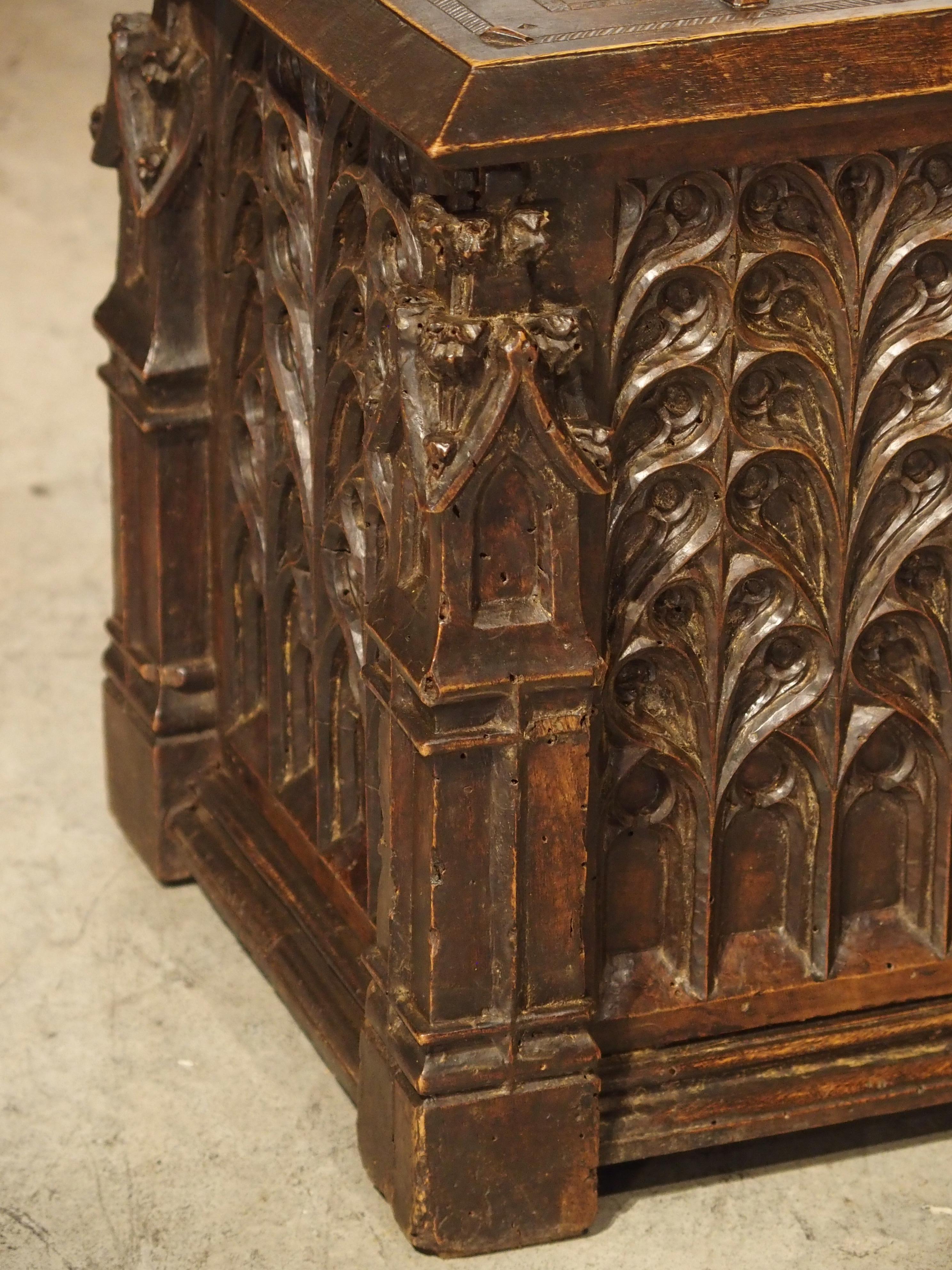 Hand-Carved Neo-Gothic Walnut Wood Table Trunk from France, circa 1860