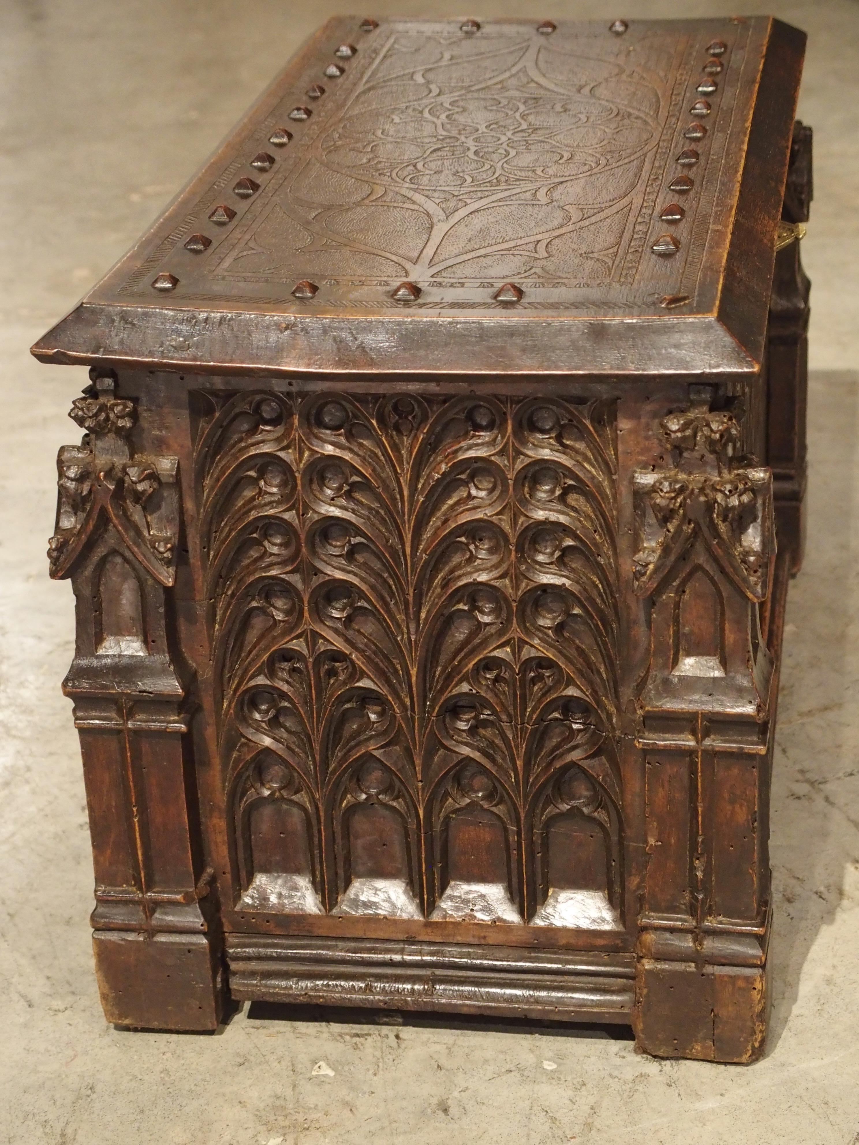 19th Century Neo-Gothic Walnut Wood Table Trunk from France, circa 1860