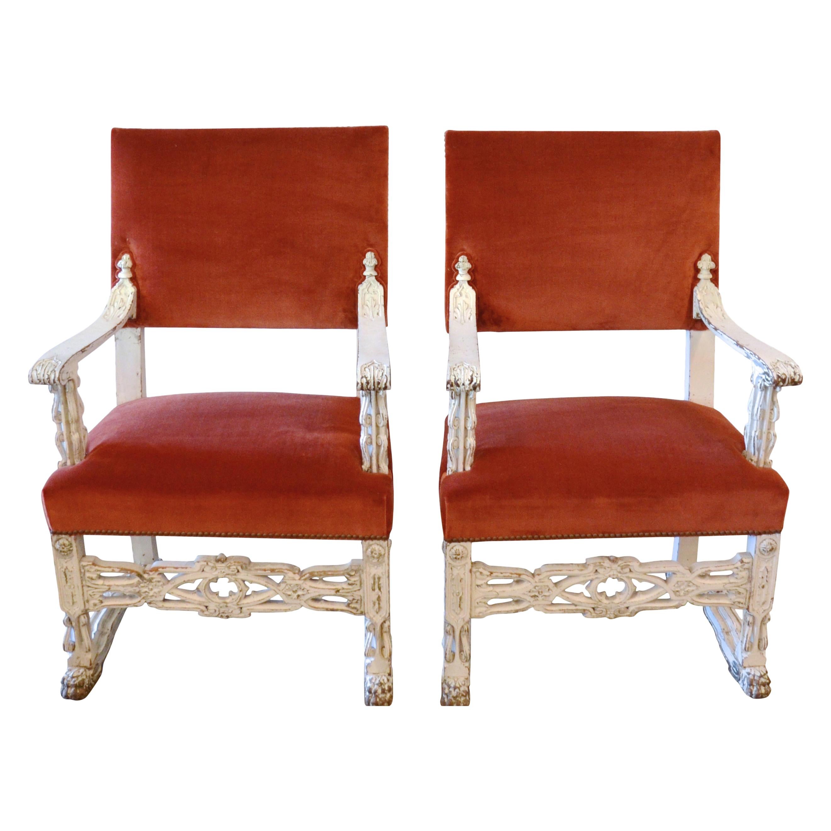 Neo-Gothic White Carved Armchairs, Pair
