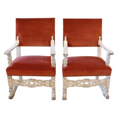 Neo-Gothic White Carved Armchairs, Pair