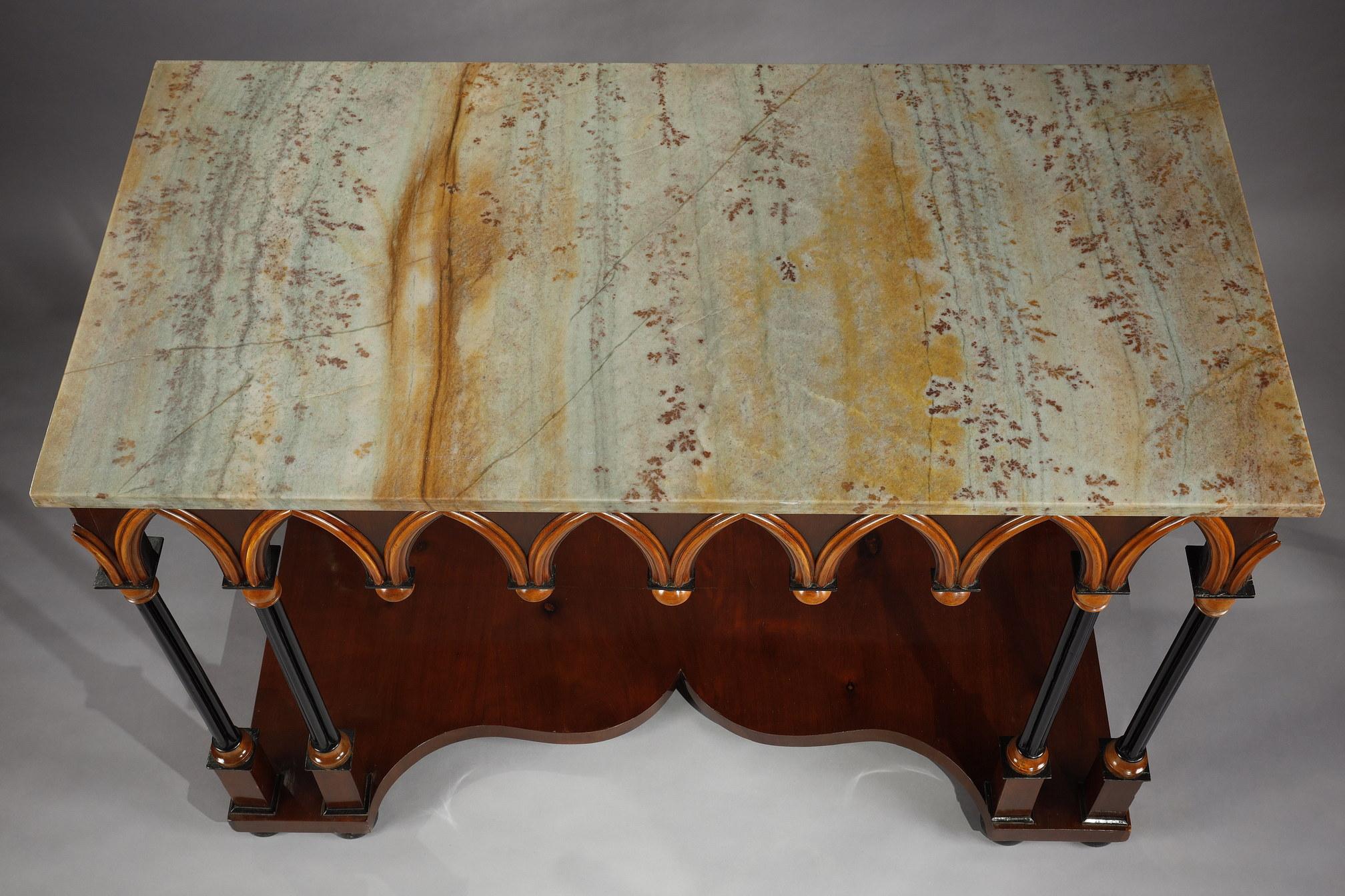 Gothic Revival Neo-Gothic Wooden and Marble Console Table, France, circa 1830