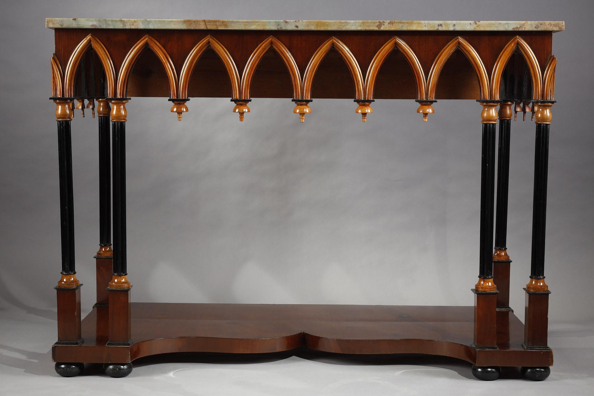 French Neo-Gothic Wooden and Marble Console Table, France, circa 1830