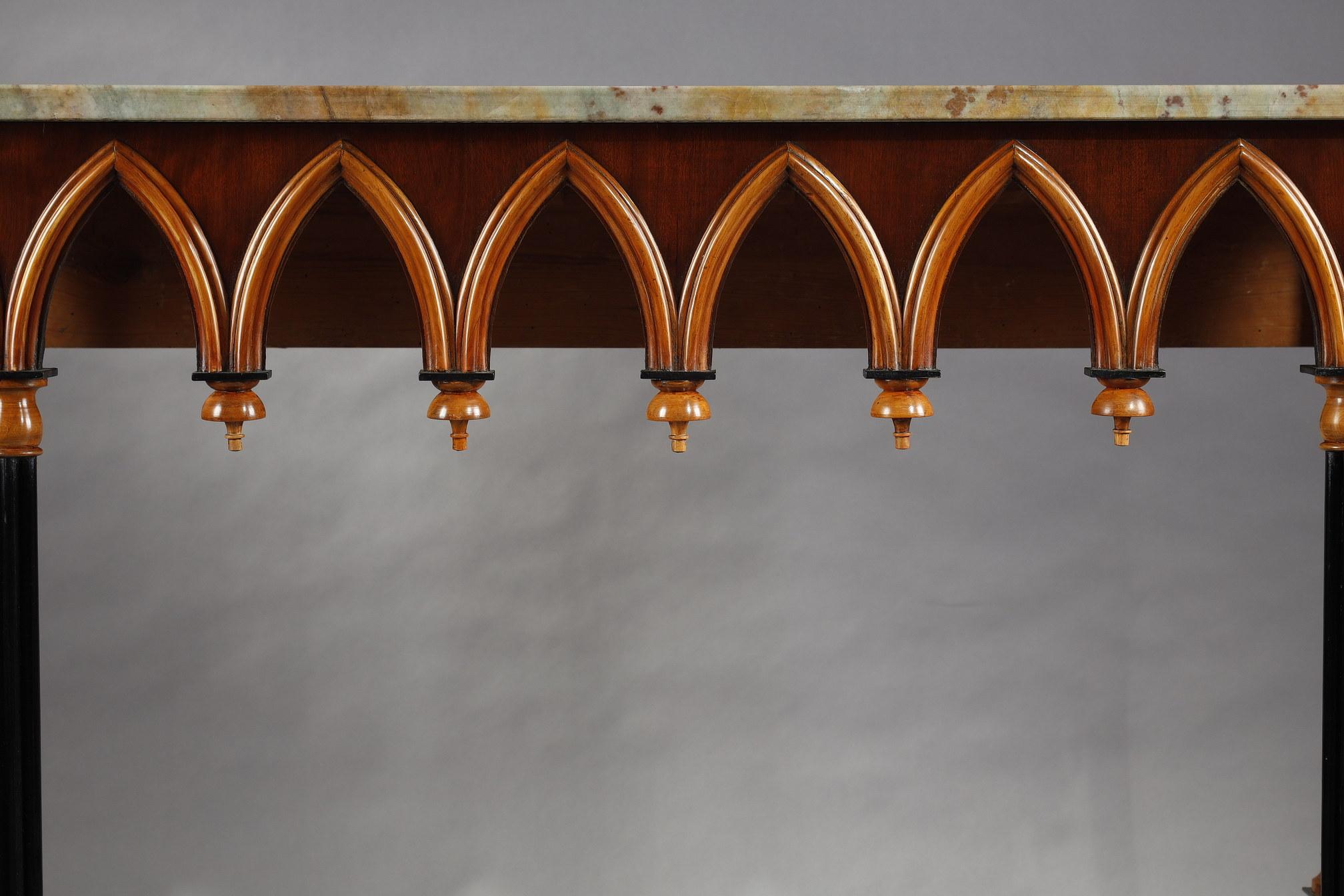 Neo-Gothic Wooden and Marble Console Table, France, circa 1830 In Good Condition In PARIS, FR