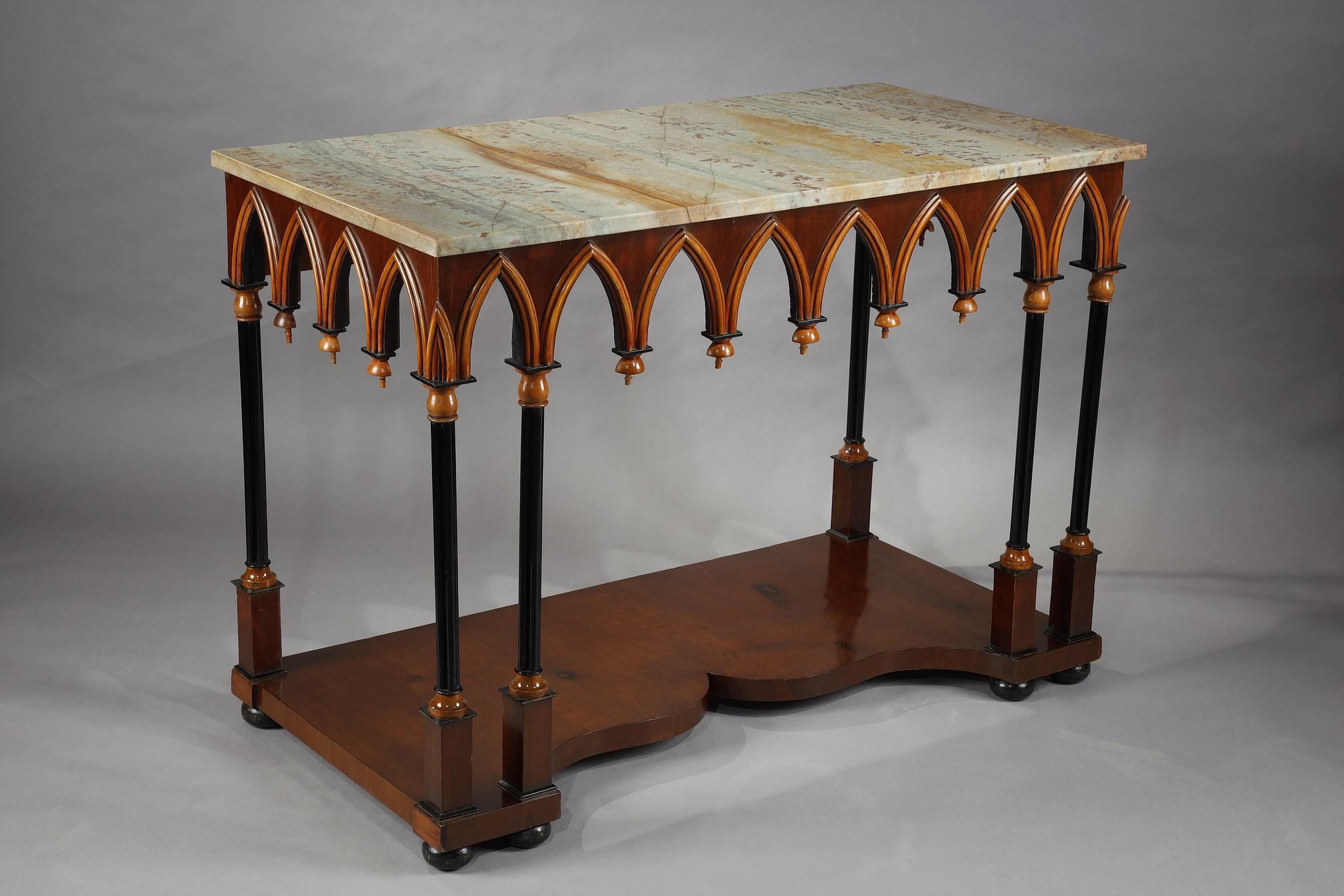 Neo-Gothic Wooden and Marble Console Table, France, circa 1830 1