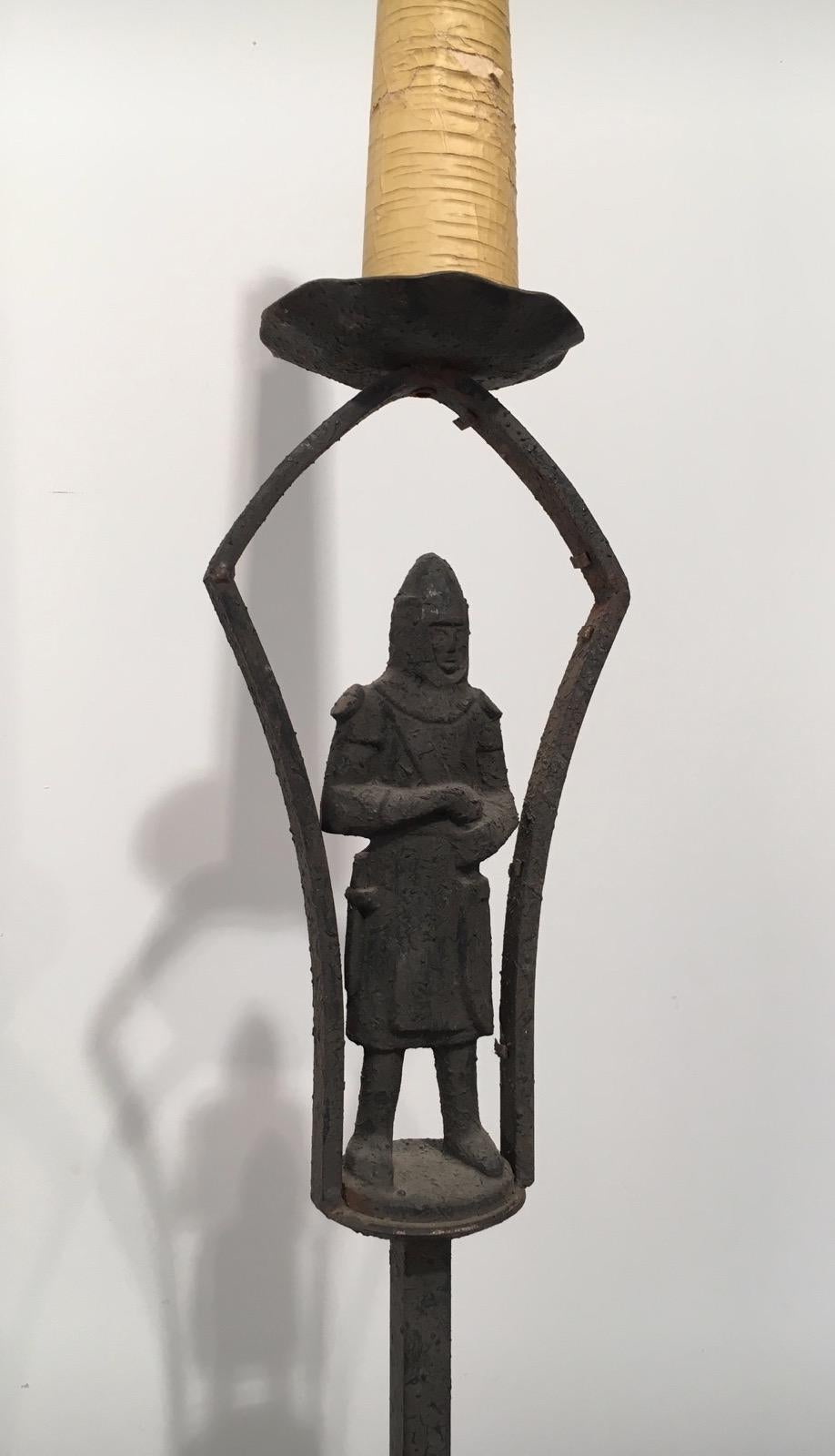 Cast Neo-Gothic Wrought Iron Floor lamp with Soldier in Armor, French, circa 1950