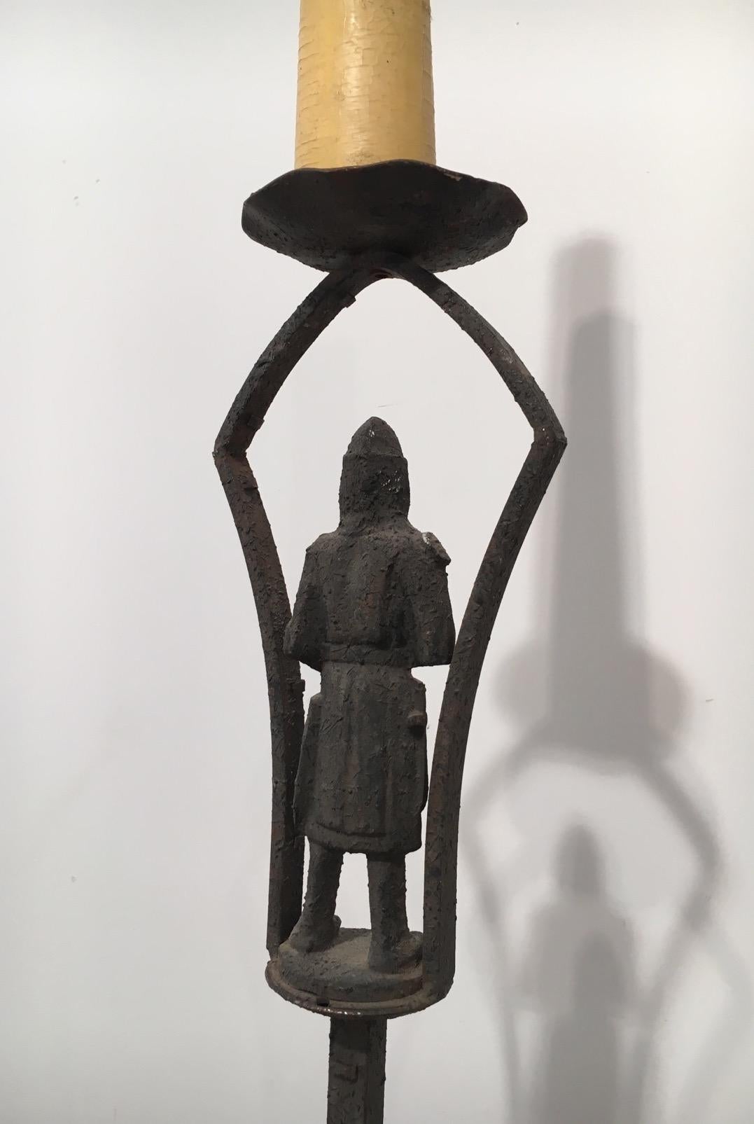 Mid-20th Century Neo-Gothic Wrought Iron Floor lamp with Soldier in Armor, French, circa 1950
