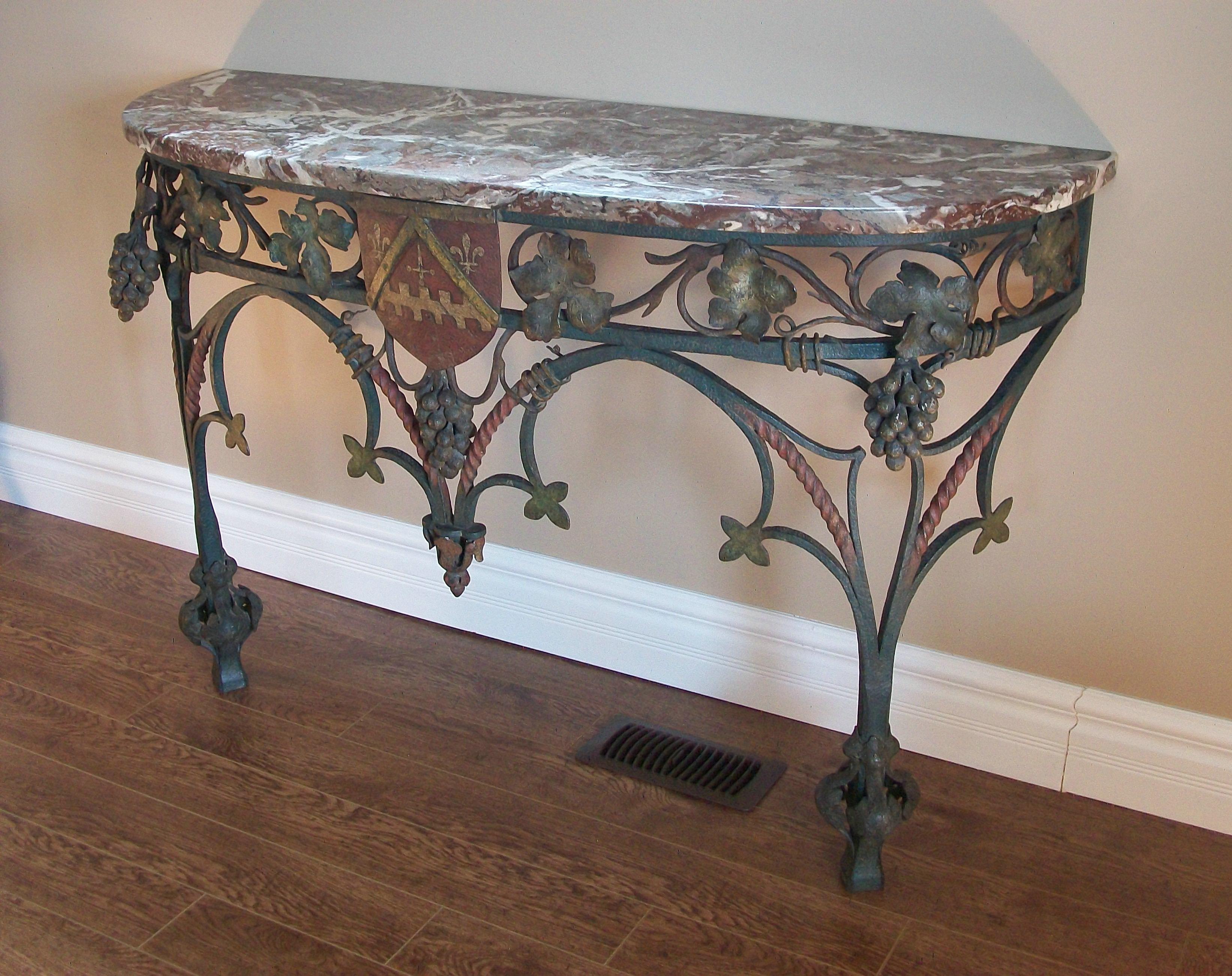 Gothic Revival Neo Gothic Wrought Iron & Marble Console Table with Crest, France, circa 1850 For Sale