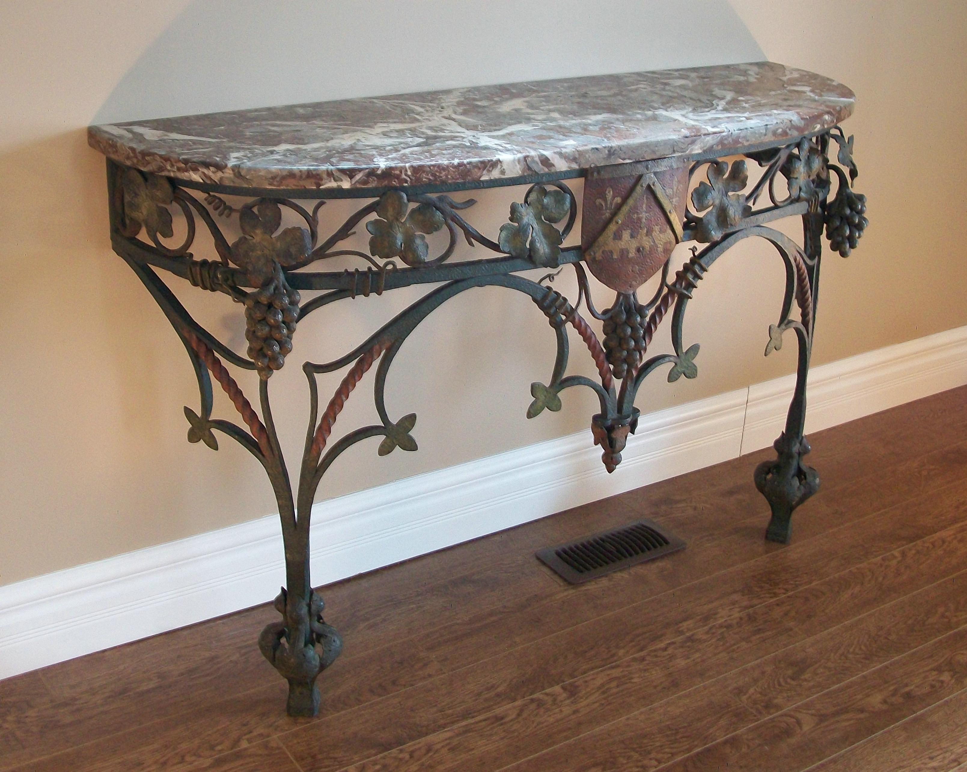 French Neo Gothic Wrought Iron & Marble Console Table with Crest, France, circa 1850 For Sale