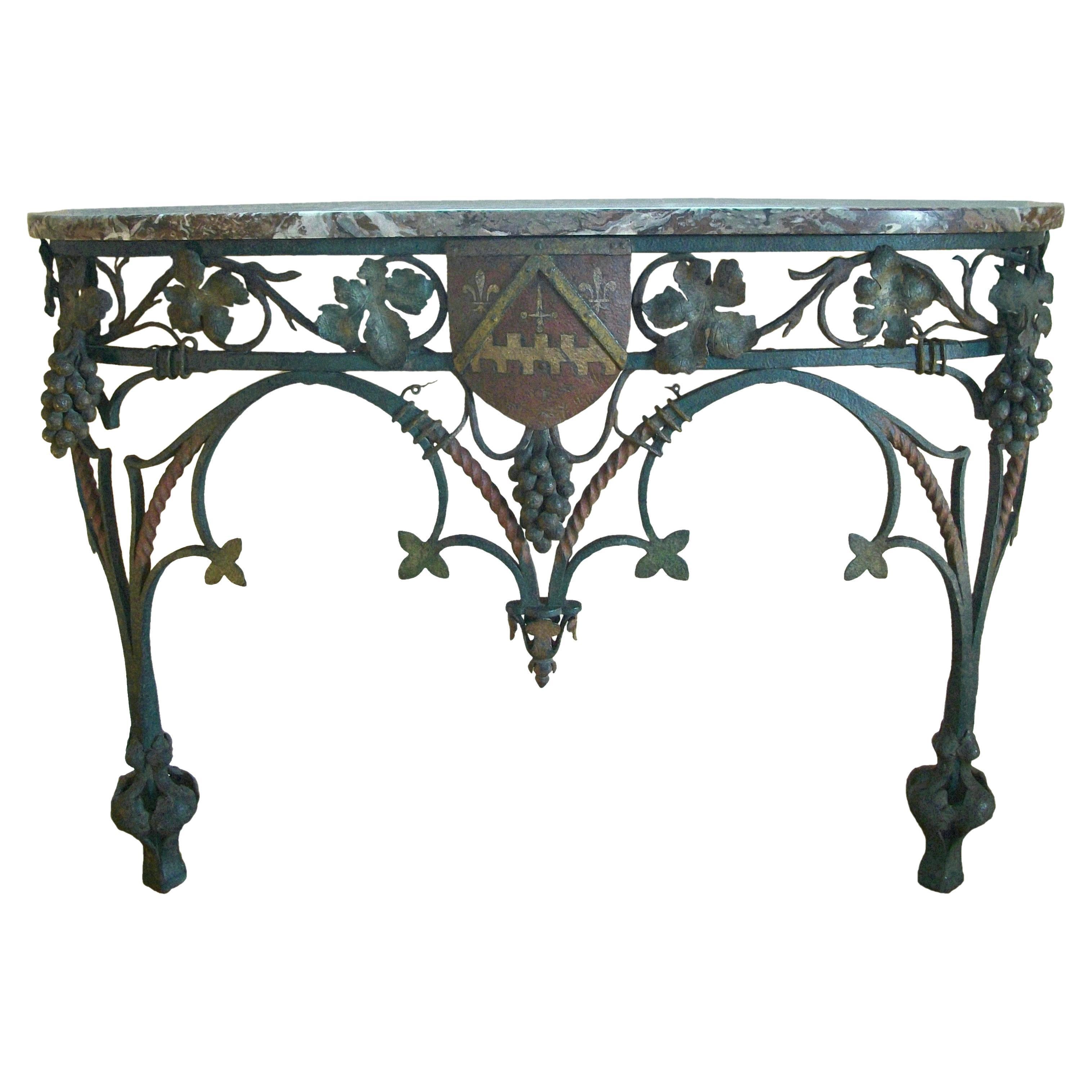 Neo Gothic Wrought Iron & Marble Console Table with Crest, France, circa 1850 For Sale