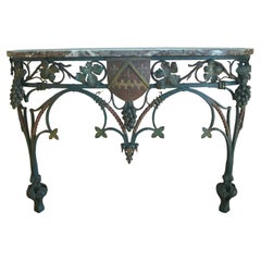 Neo Gothic Wrought Iron & Marble Console Table with Crest, France, circa 1850