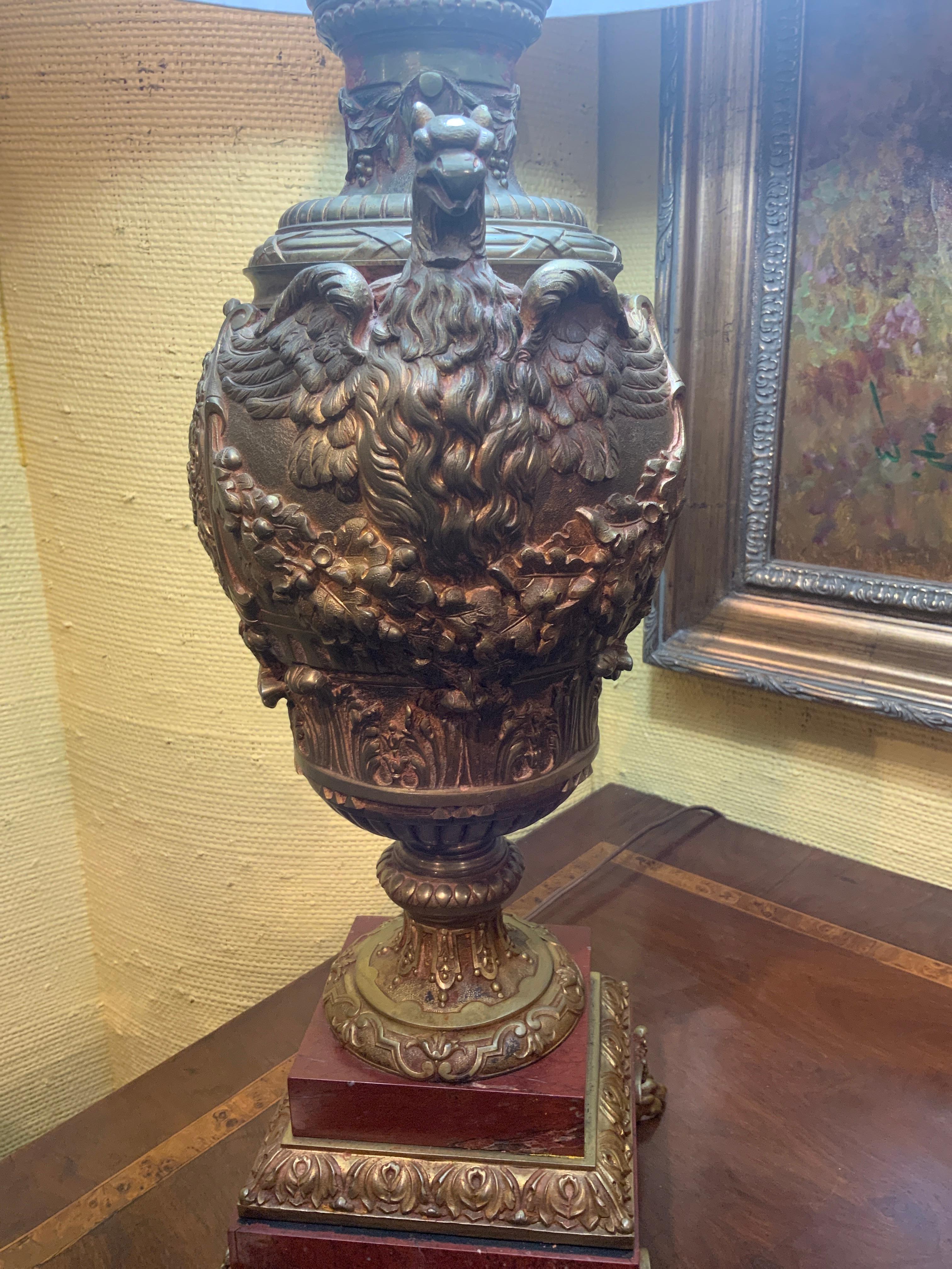 19th Century Neo Grec Bronze Urn on Marble Base Converted to a Lamp For Sale