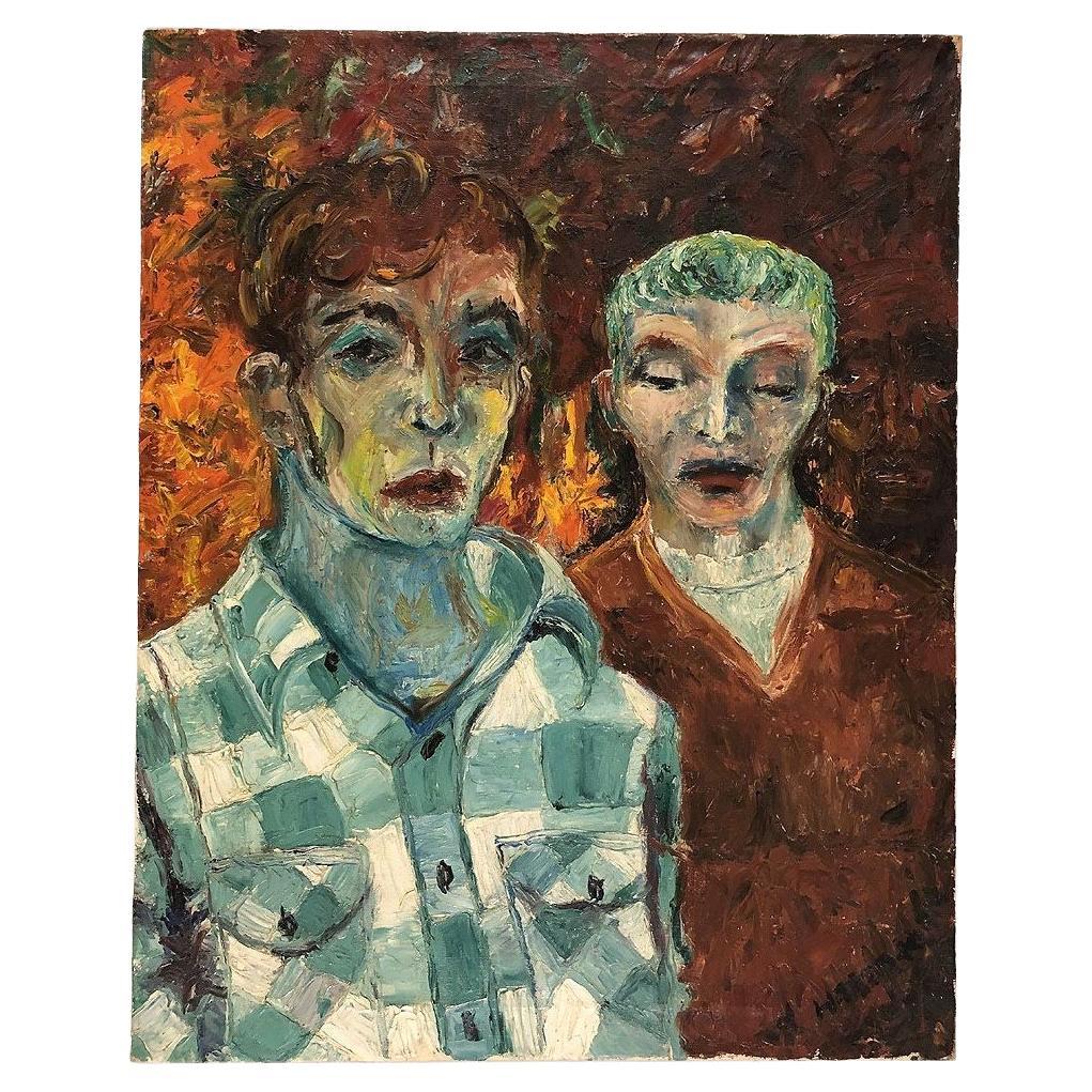 Olio d'arte moderna astratta neo-impressionista su tela Ritratto di due uomini