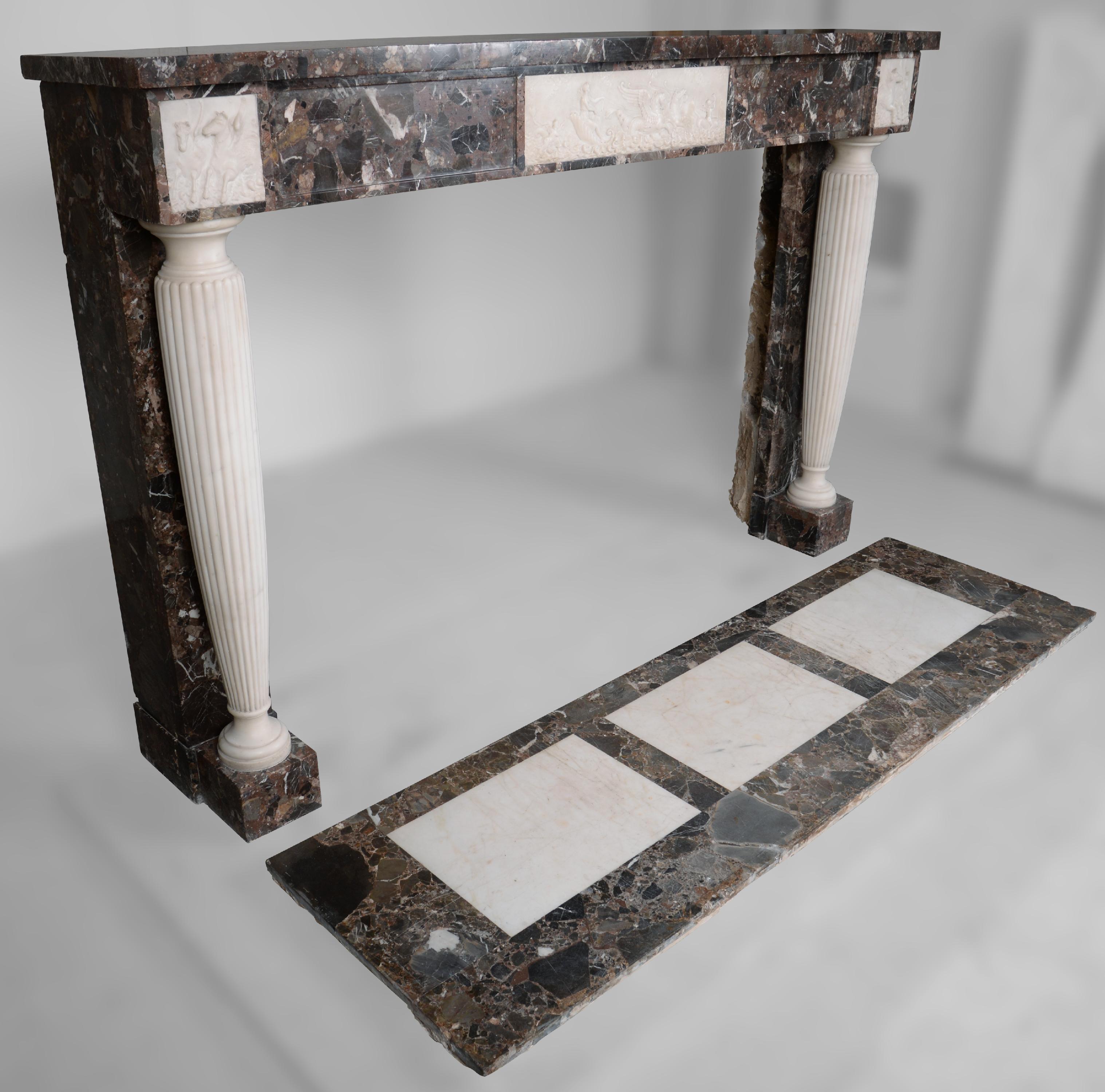 French Neo Louis XVI Style Fireplace in Imperator and Statuary Marble For Sale