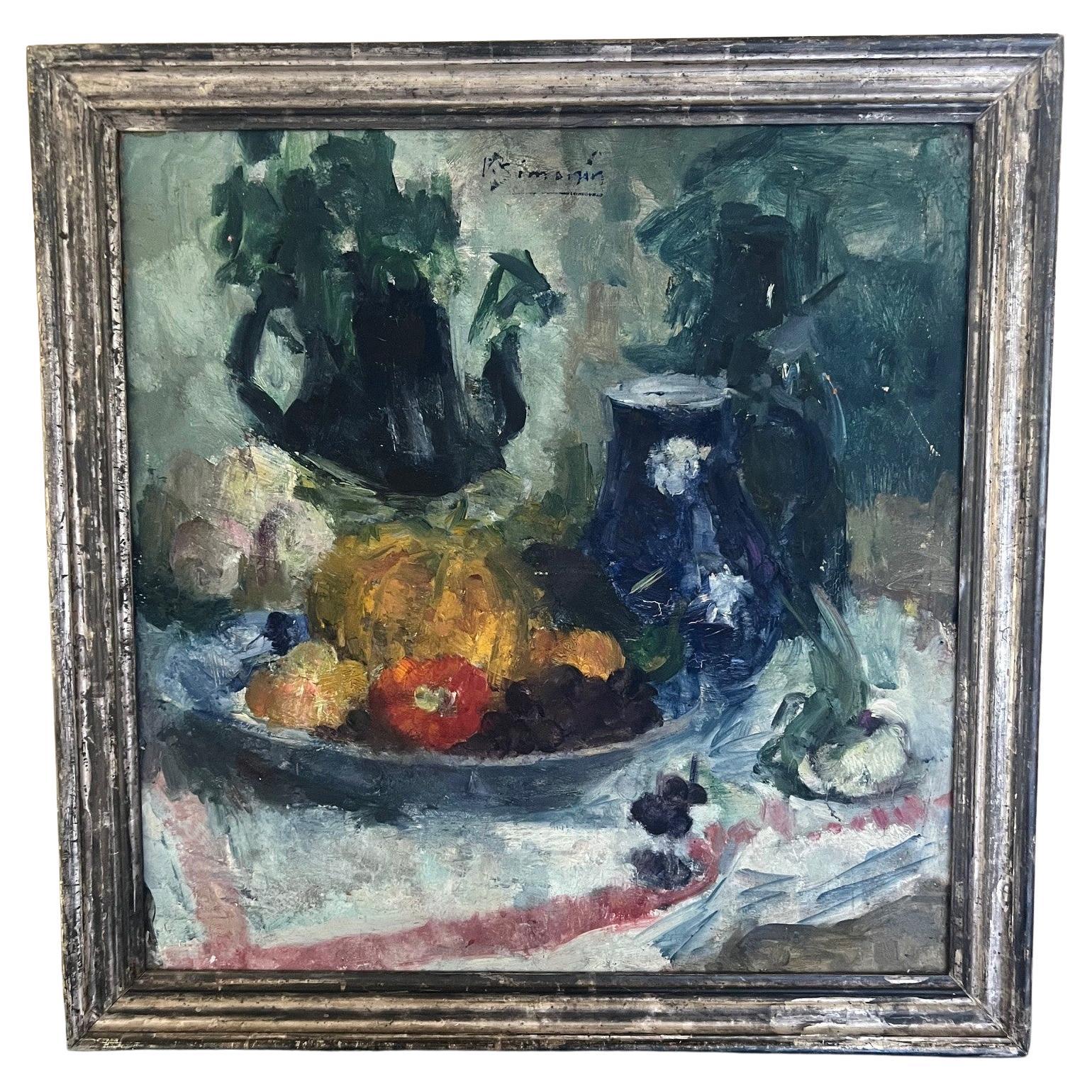Neorealistisches Stillleben in Öl auf Karton von Victor Simonin (1877-1946) aus dem frühen 20. Jahrhundert. Signiert vom Künstler. 

Victor Simonin wurde an der Königlichen Akademie der Schönen Künste in Brüssel ausgebildet und lernte bei