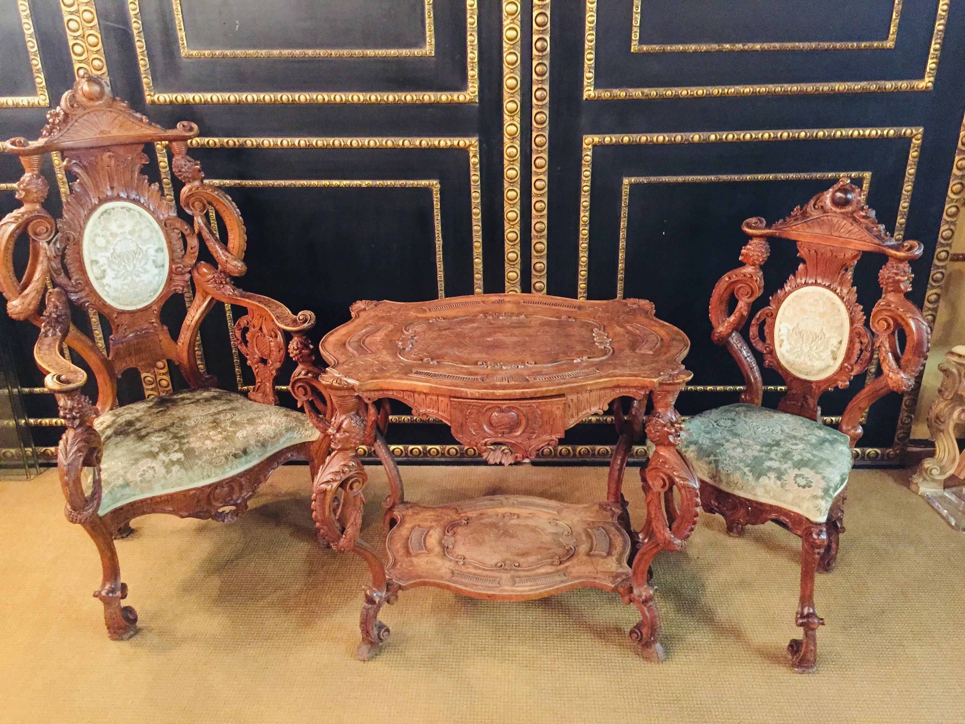 German Neo Renaissance Full Carved Set of Sofa, Armchair, Chair and Table, circa 1860
