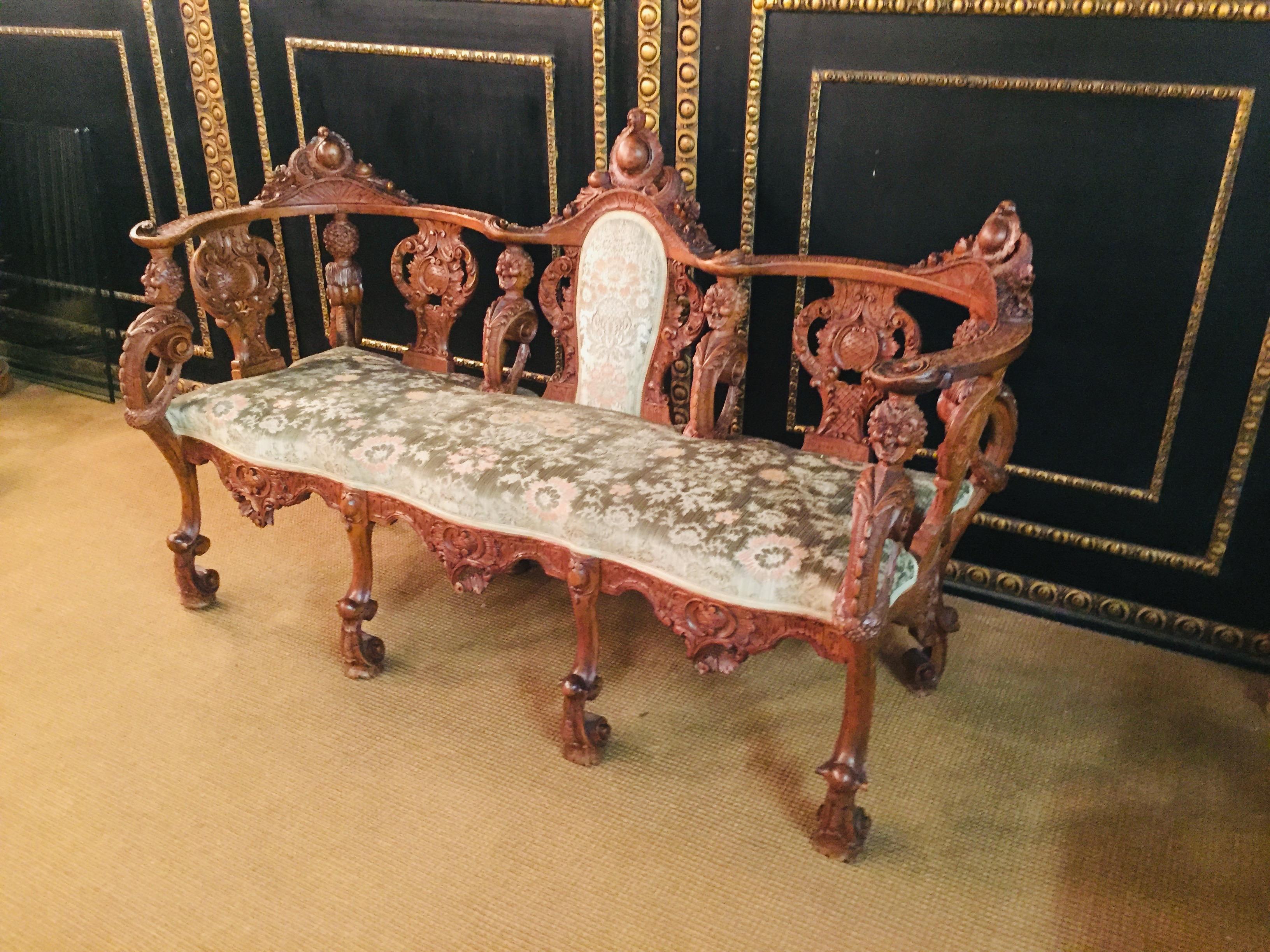 Hand-Carved Neo Renaissance Full Carved Set of Sofa, Armchair, Chair and Table, circa 1860